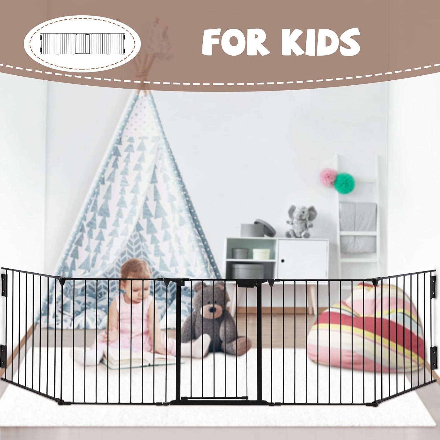 ChVans Fireplace Safety Fence, Fits 72''-118'' Wide, Metal Baby Gate with Door, Safety Fence for Toddlers/Pets/Dogs, 5-Panel