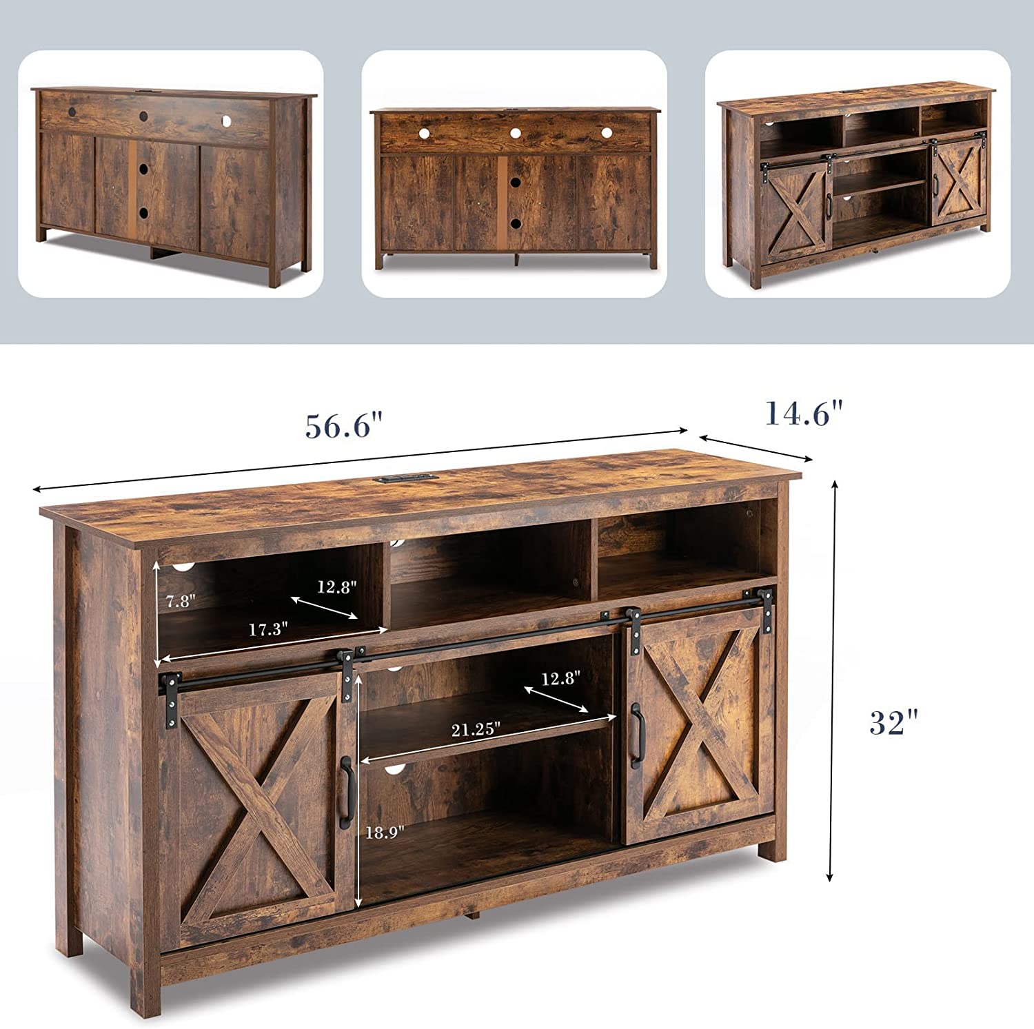 ANPOO Farmhouse TV Stand for 65 inch TVs, Rustic Entertainment Center TV Cabinet Stands with Power Outlets and LED lights