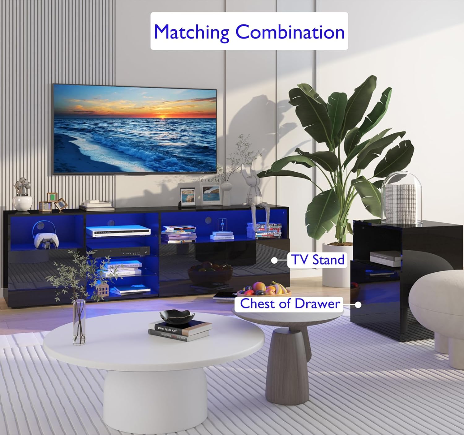 LED TV Stand for 80/85inch, High Glassy Modern TV Console Entertainment Center with LED Lights and Cabinets for Living Room, Bedroom