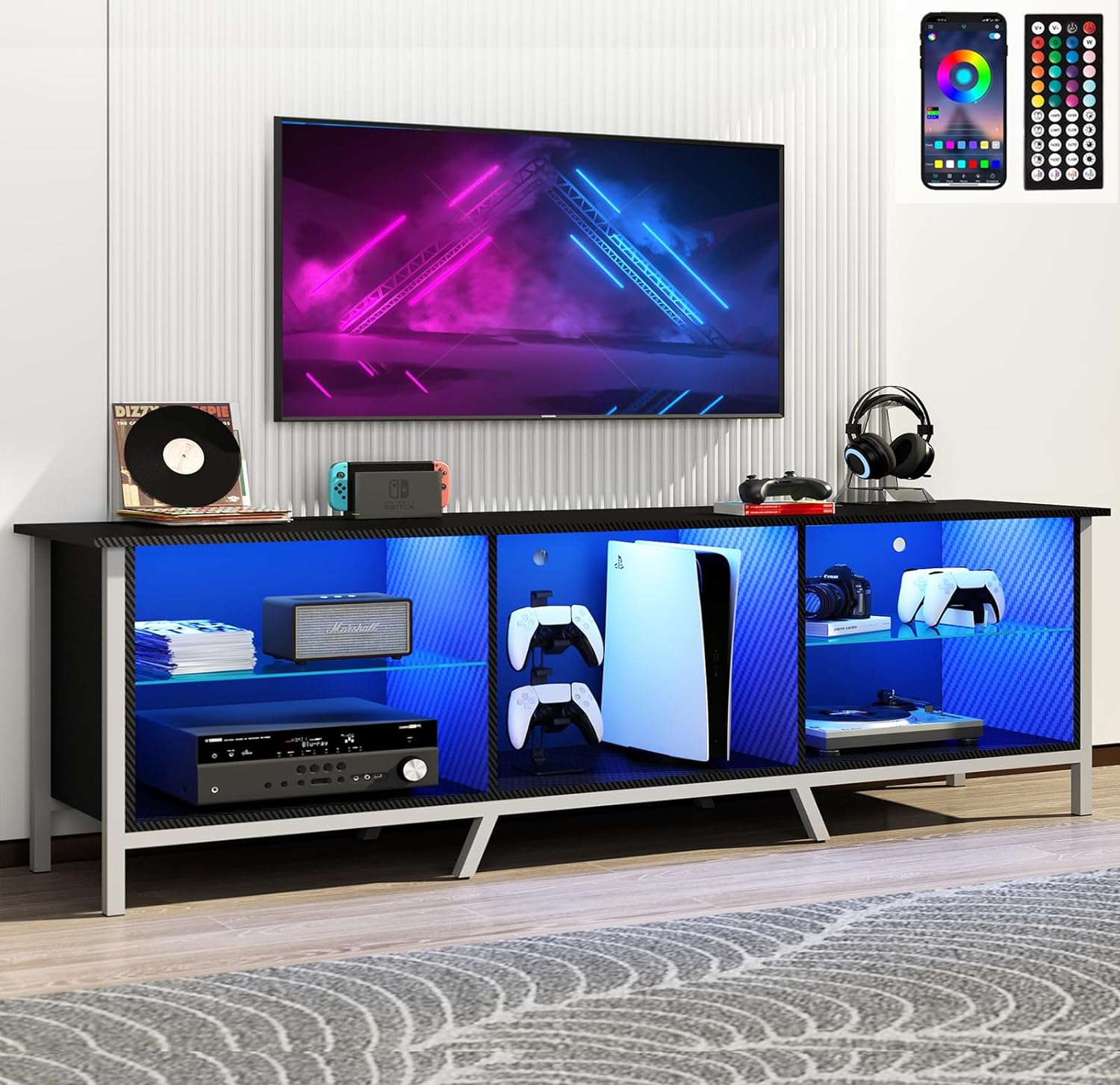 Vinctik 6&Fox 63IN LED TV Stand for 65/70inch TV,High Glossy Black TV Stand for Living Room,Modern Gaming Entertainment Center with Charging Socket,RGB LED Lighting,Modern TV Cabinet