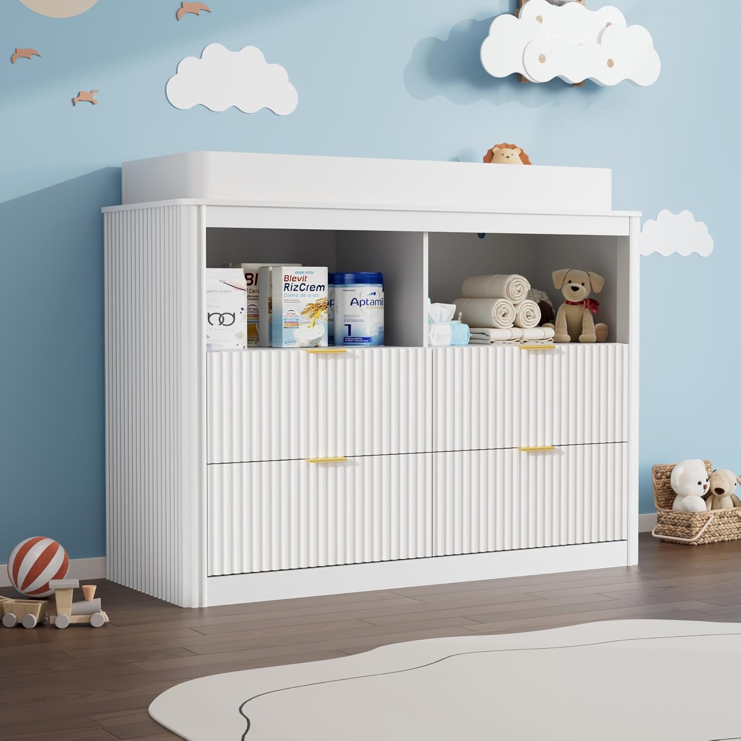 ChVans Fluted Changing Table Dresser, 2-in-1 Convertible Baby Changing Station with Capacity Changing Tray, Removable Topper, Nursery Dresser with 4 Drawers & Open Storage, Anti-Tipping Device