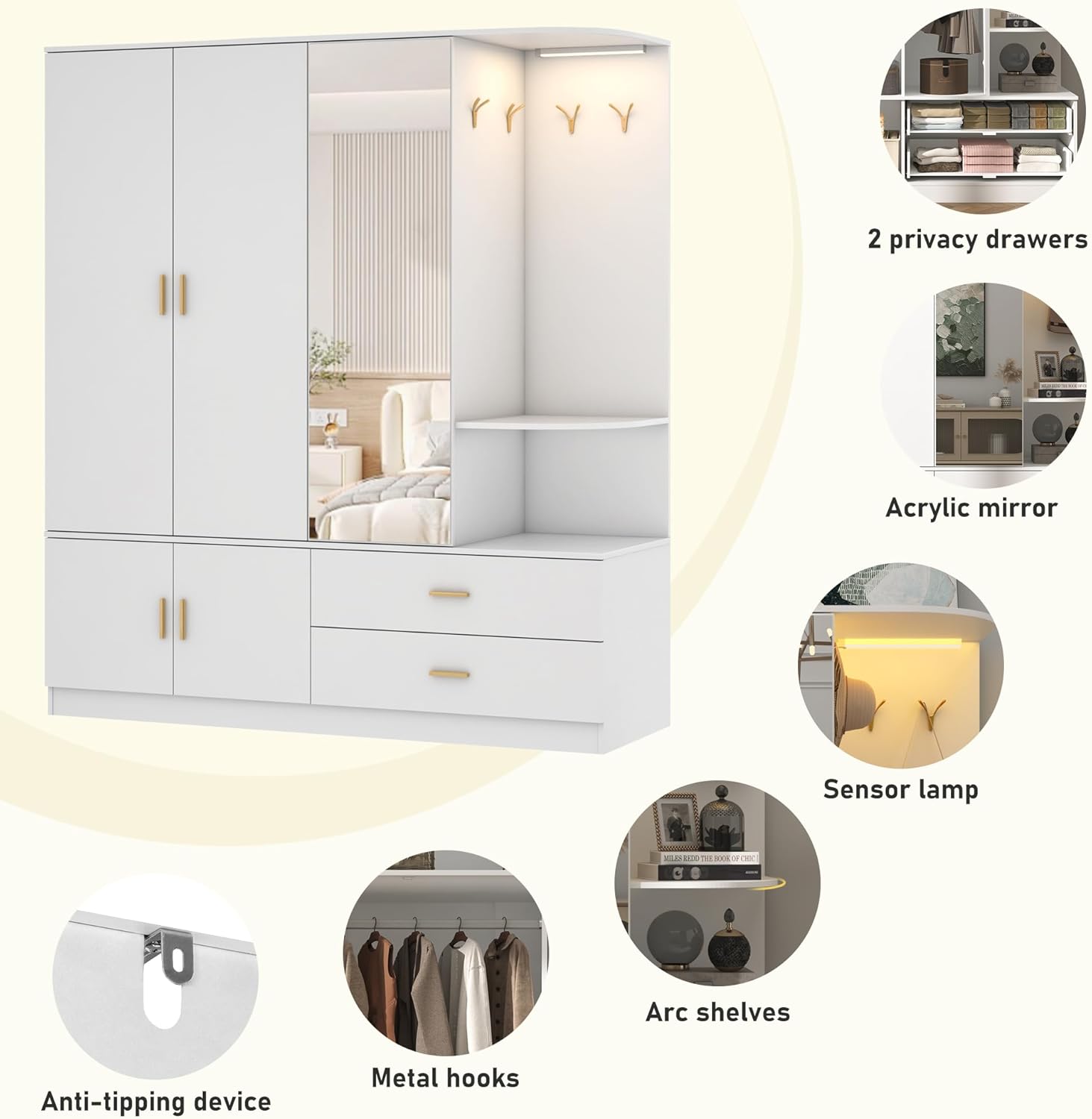 ChVans 71'' Armoire Wardrobe Closet with Mirror and Sensor Light, Modern Large Wooden Armoire Closet with 3 Doors, 2 Drawers, 4 Hooks, 2 Hanging Rods, Open Space for Bedroom