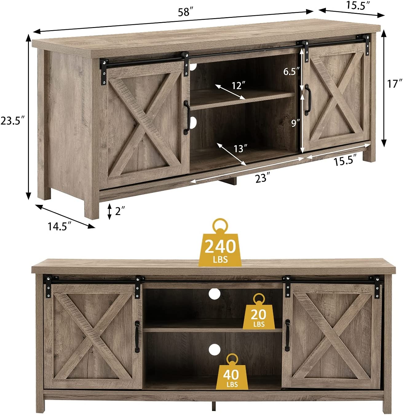 58" Farmhouse Sliding Barn Door TV Stand for TVs up to 65" Television Cabinet(Dark gray), Wood, Metal