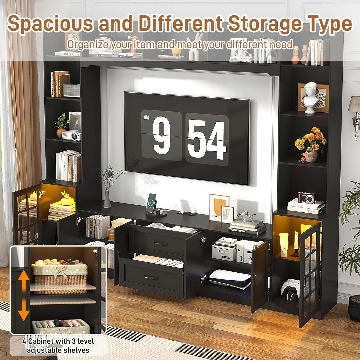 ChVans 103" W Wall Unit TV Stand with Storage for TVs up to 80", Modern TV Console with LED Lights, Entertainment Center with Bookshelves for Living Room