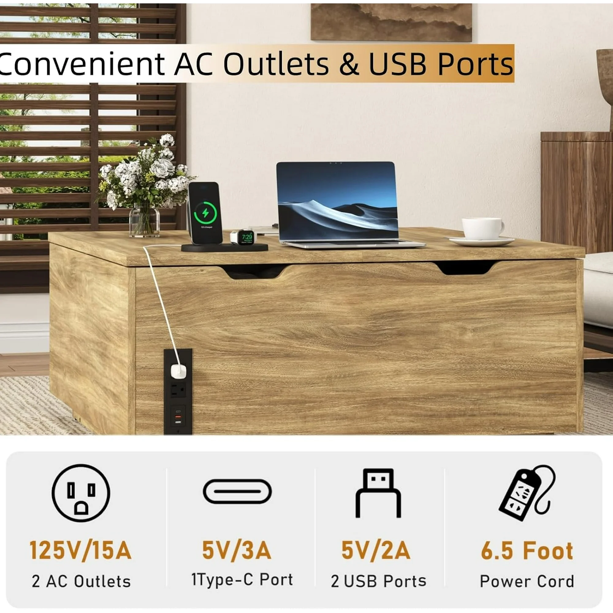 Lift Top Coffee Table with Led Light and Charging Station, 36" Modern Walnut finish Coffee Table with Large Hidden Space, Square Center Coffee Tables for Living Room, Office