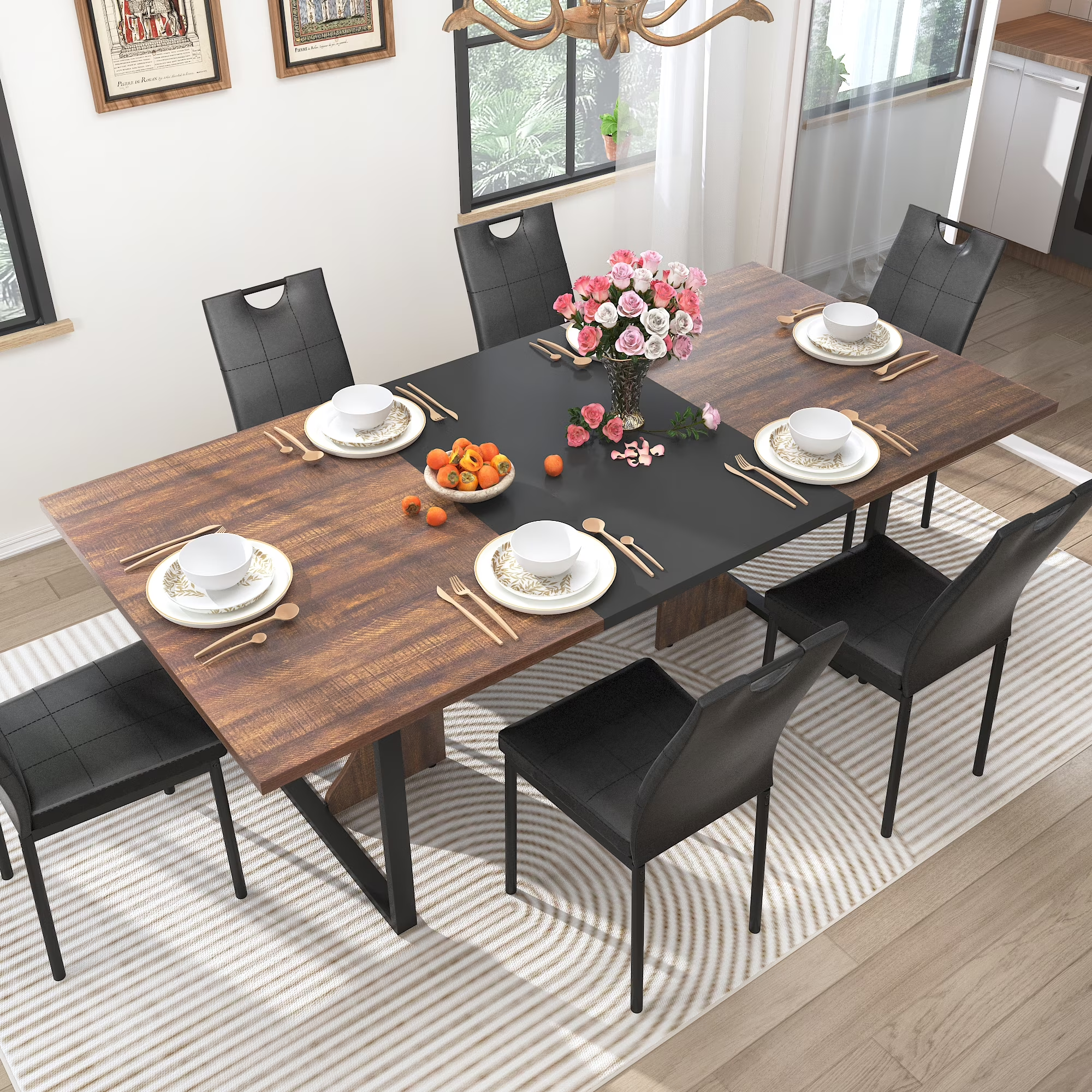 ChVans 7 Pcs Dining Table Set for 4-6 People with Chairs,70" Kitchen Dinner Table W/Waterpoof Wooden Tabletop,6 PCS Upholstered PU Chairs,Rectangular Wood Tables W/Adjustable Leg for Home Dining Room