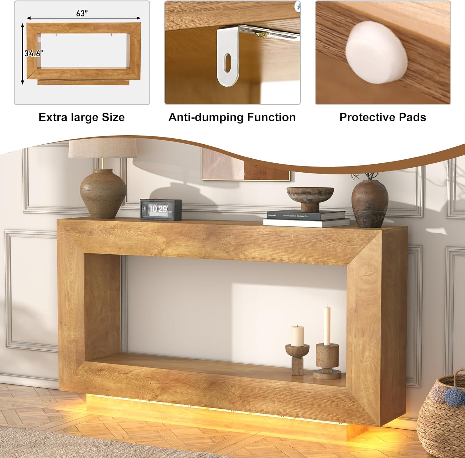 63" Long Farmhouse Console Table, Wood Entryway Accent Table with Storage & LED Lights, Floating Design for Living Room, Entrance, Hallway, Foyer