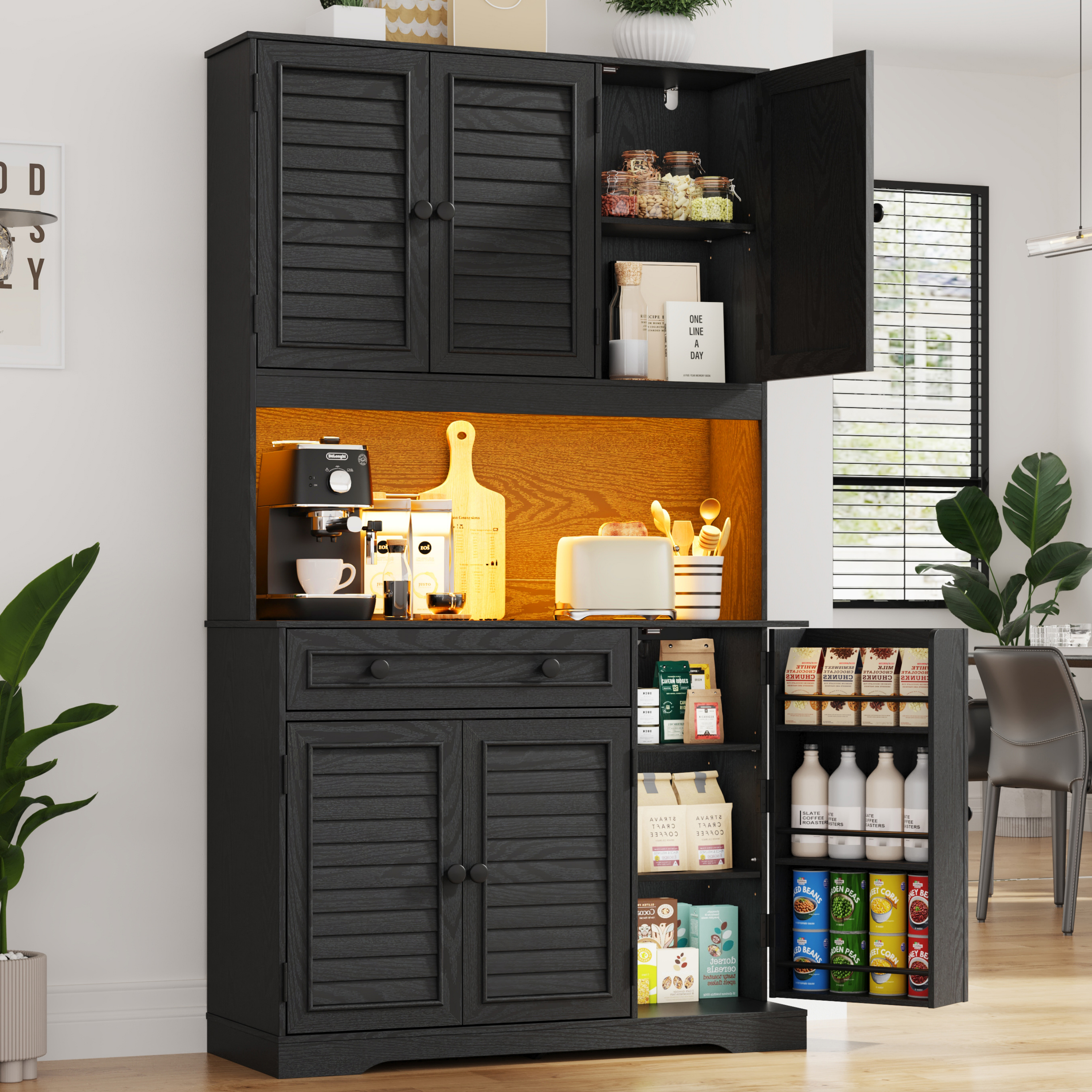 70.9'' Kitchen Pantry Storage Cabinet with drawer and Charging Station, LED Light Kitchen Hutch Cabinet with 3 side food racks