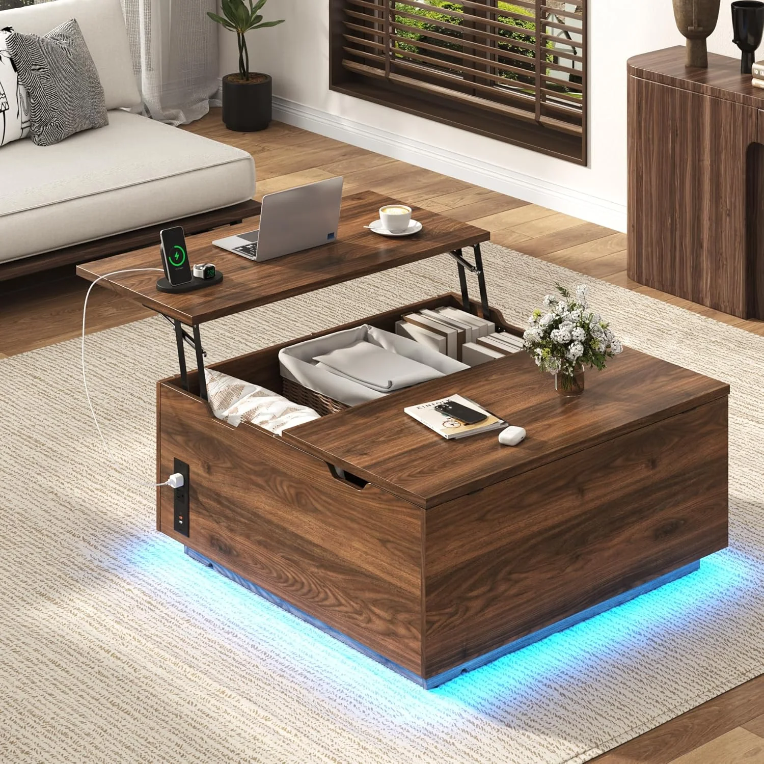 Lift Top Coffee Table with Led Light and Charging Station, 36" Modern Walnut finish Coffee Table with Large Hidden Space, Square Center Coffee Tables for Living Room, Office