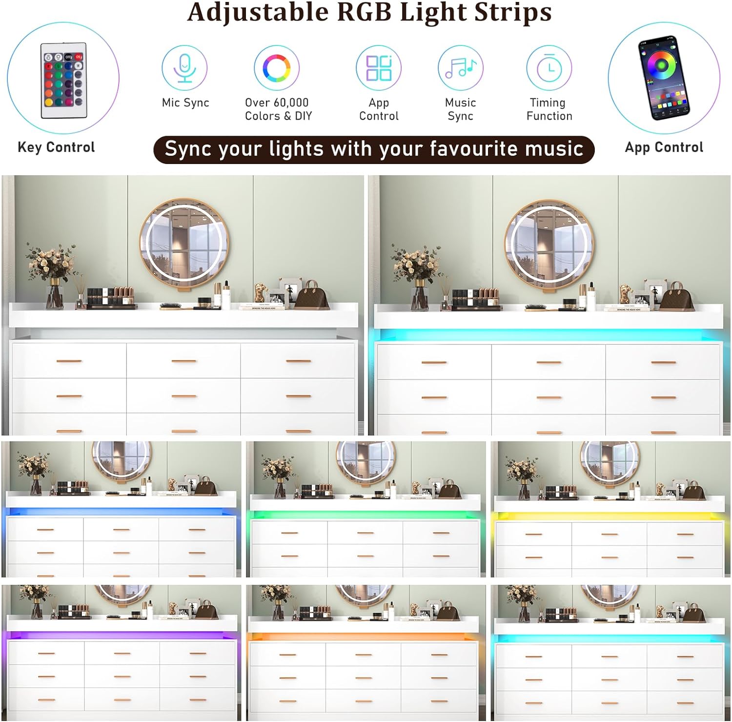 ChVans Black Dresser with LED Light, Modern Wood Dresser with Wide Drawers and Metal Handles, 9 drawer dresser for Bedroom, Living Room, Entryway, Hallway