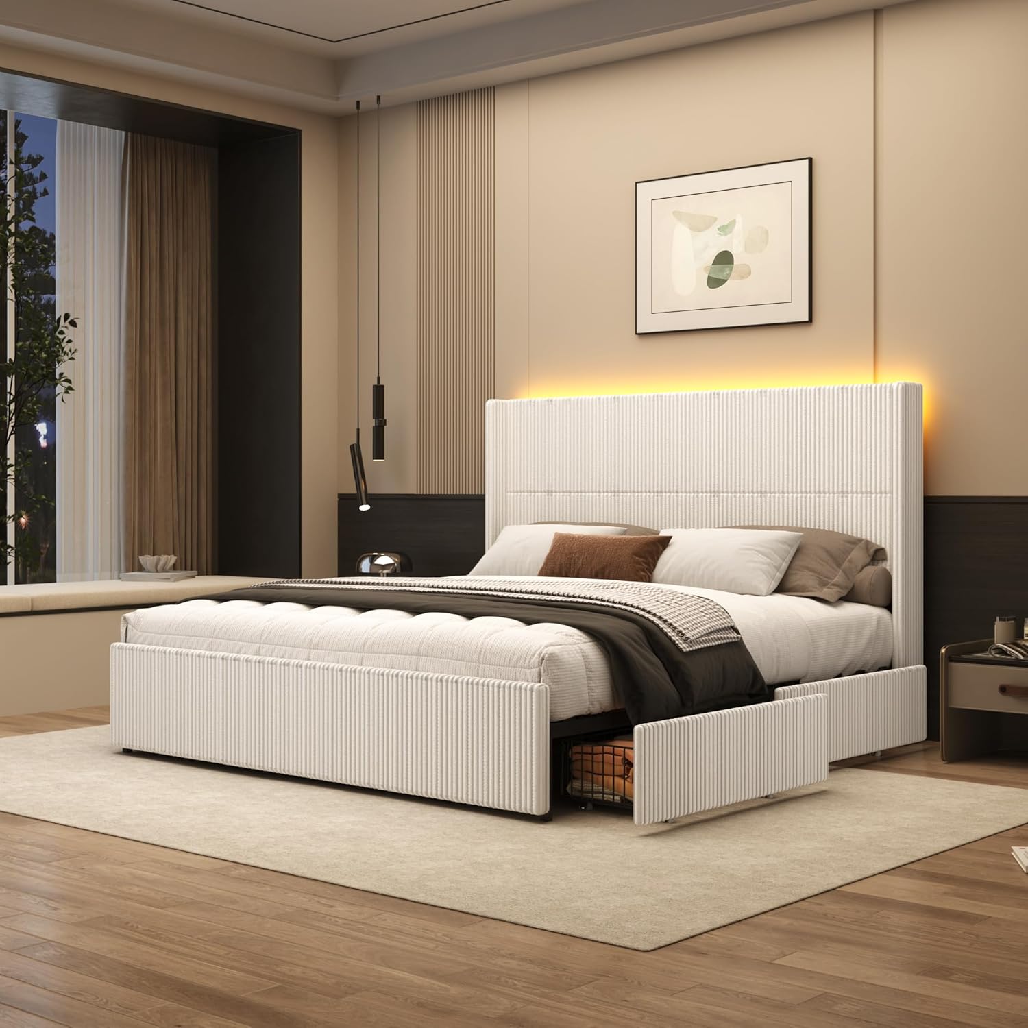 ChVans King Size LED Upholstered Bed Frame with Drawer, Wingback Platform Bed with 52" Headboard, Noise-Free Corduroy Bed No Box Spring Required