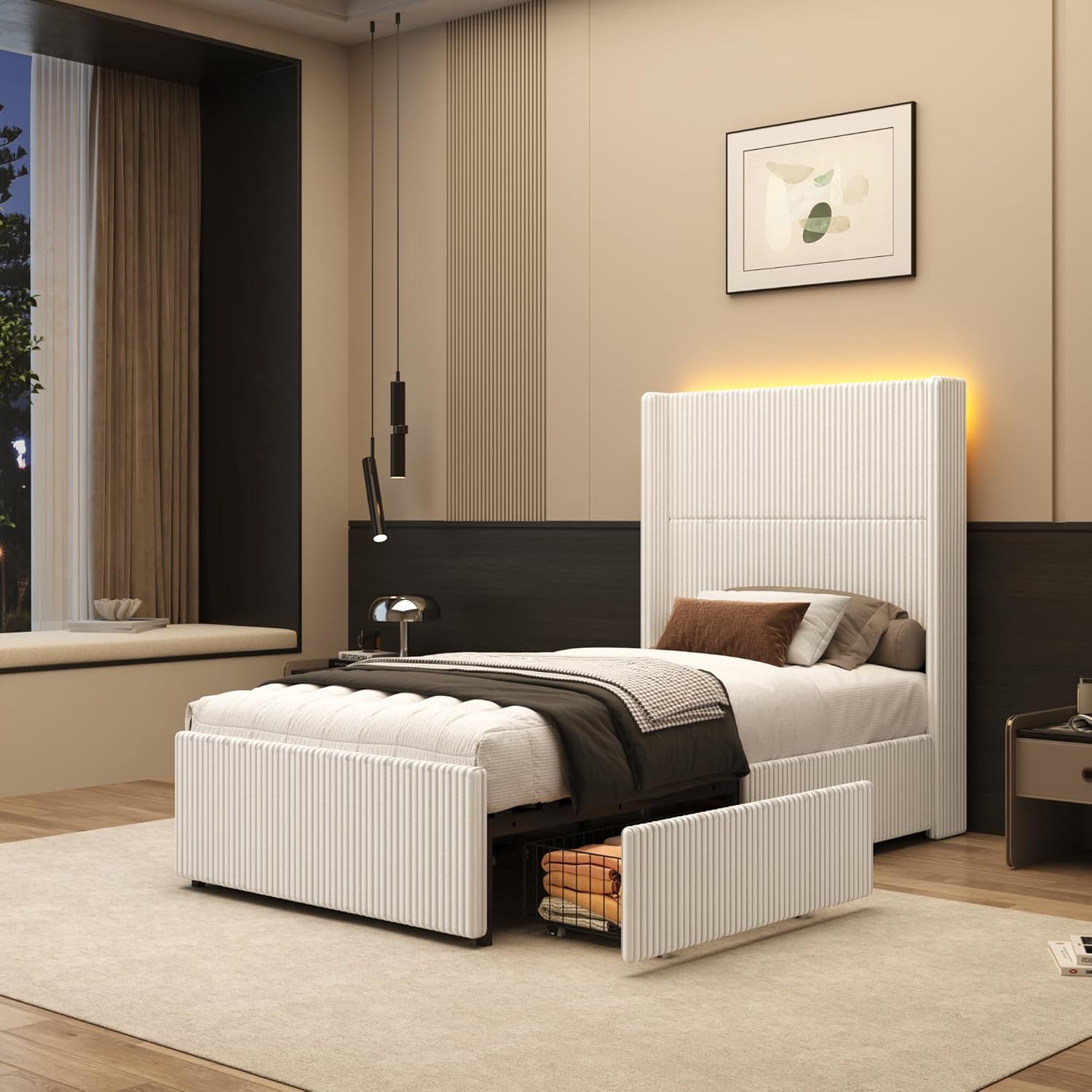 ChVans King Size LED Upholstered Bed Frame with Drawer, Wingback Platform Bed with 52" Headboard, Noise-Free Corduroy Bed No Box Spring Required