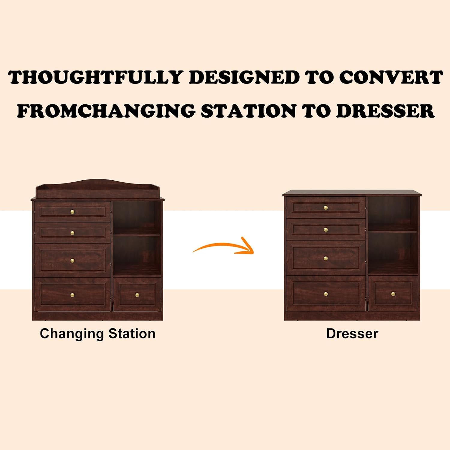 ChVans Changing Table Dresser, Baby Classic Nursery Dresser with 5 Drawers & Open Storage Shelves, Convertible Nursery Dresser Chest of Drawers