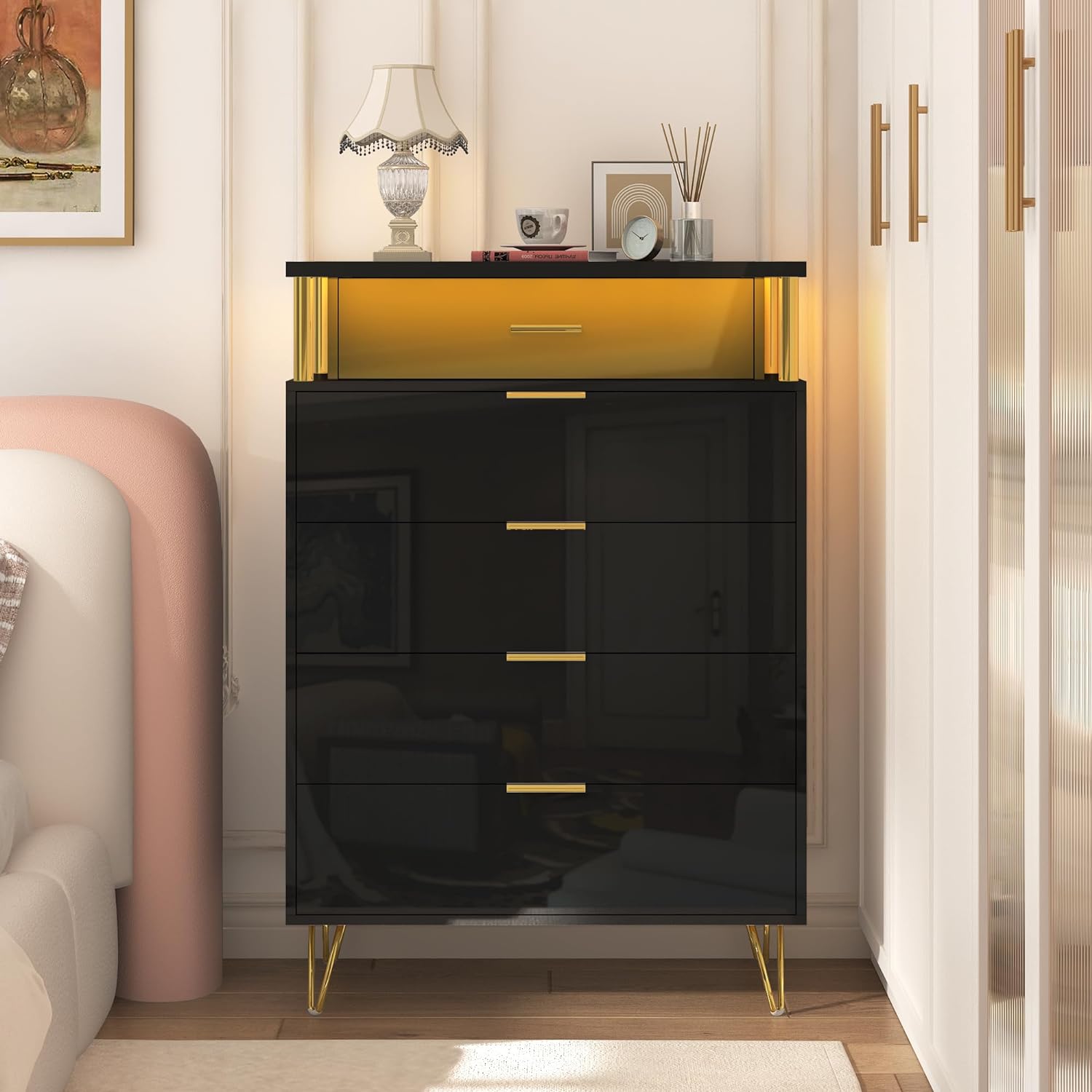 ChVans Black Dresser with LED Lights for Bedroom, Black Tall Closet Storage 5 Drawer Dresser, Chest of Drawers for Bedroom, Living Room, Hallway