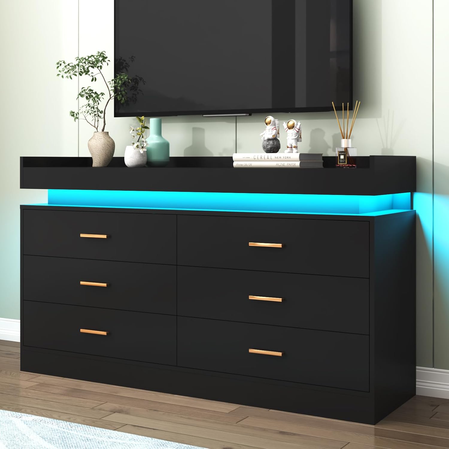 White Dresser with LED Light, Modern Wood Dresser with Wide Drawers and Metal Handles, 6 drawer dresser for Bedroom, Living Room, Entryway, Hallway