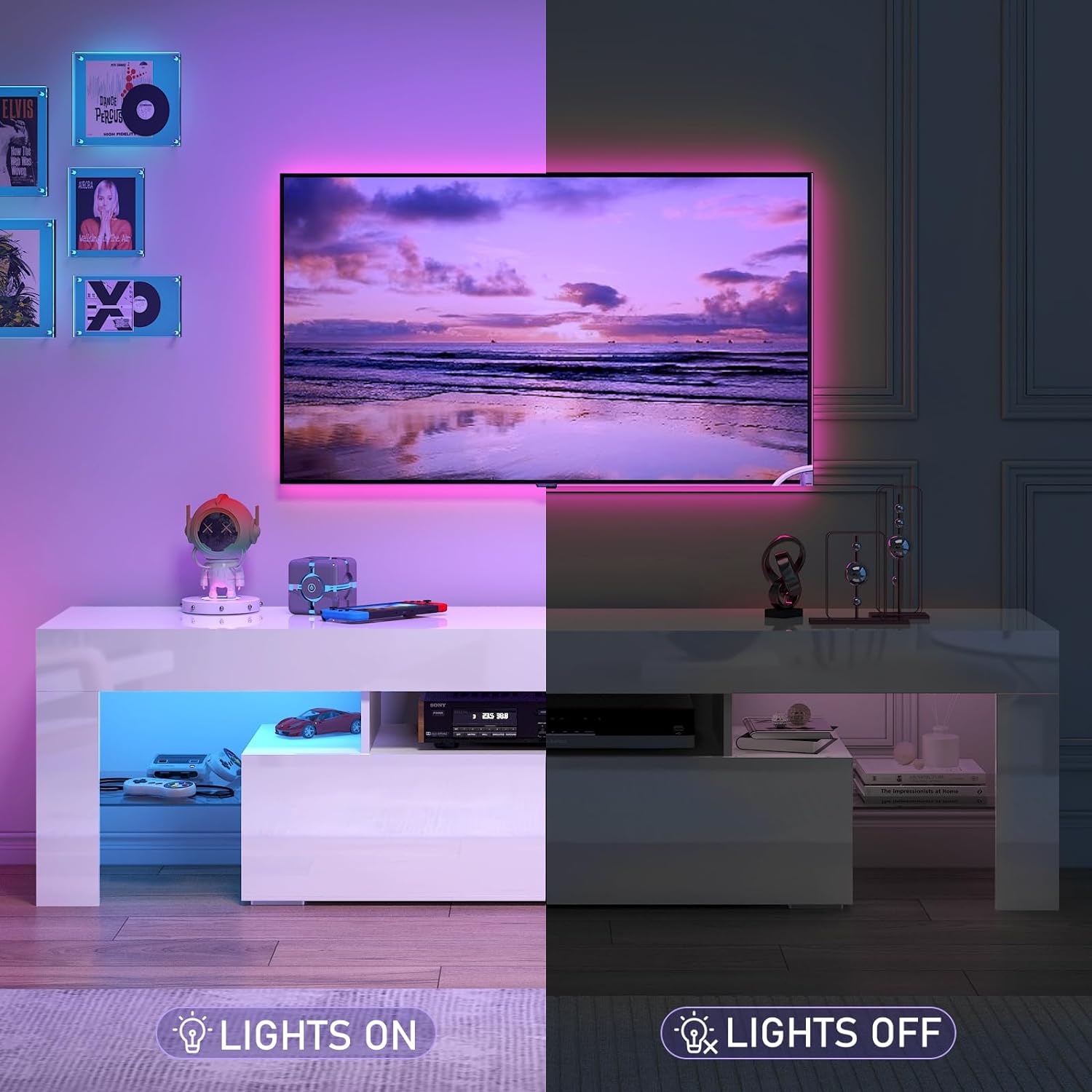 ChVans LED TV Stand for 65/75/85 inch TV, High Glossy Modern Entertainment Center with Drawer and LED Lights