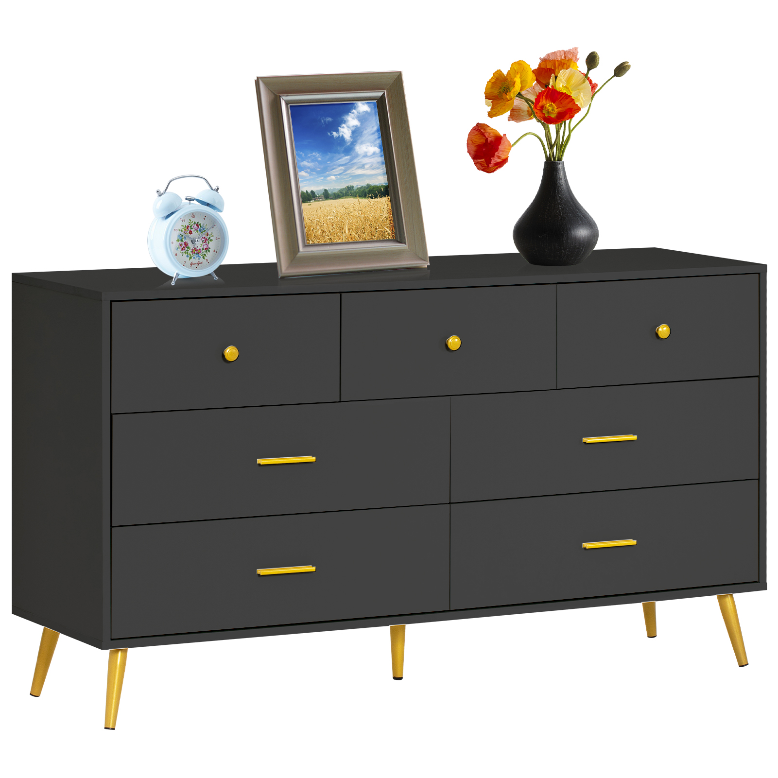 6 Drawer Dresser for Bedroom, Modern Wood Dresser with Wide Drawers and Metal Handles, Storage Chest of Drawers for Living Room Hallway Entryway
