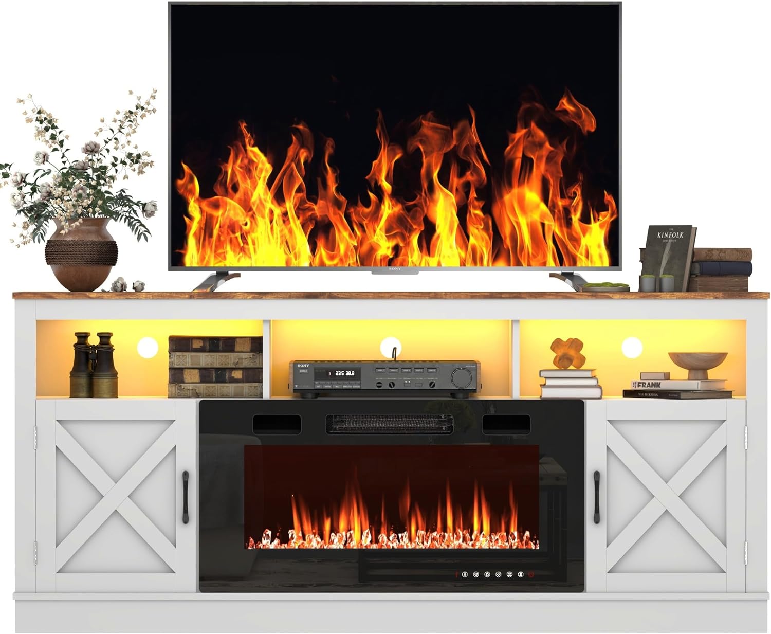 Fireplace TV Stand for 70/75/80 Inch TV with 36" Electric Fireplace, 70" Farmhouse Entertainment Center with LED Lights, Tall Media Console with Barn Door for Living Room, Bedroom
