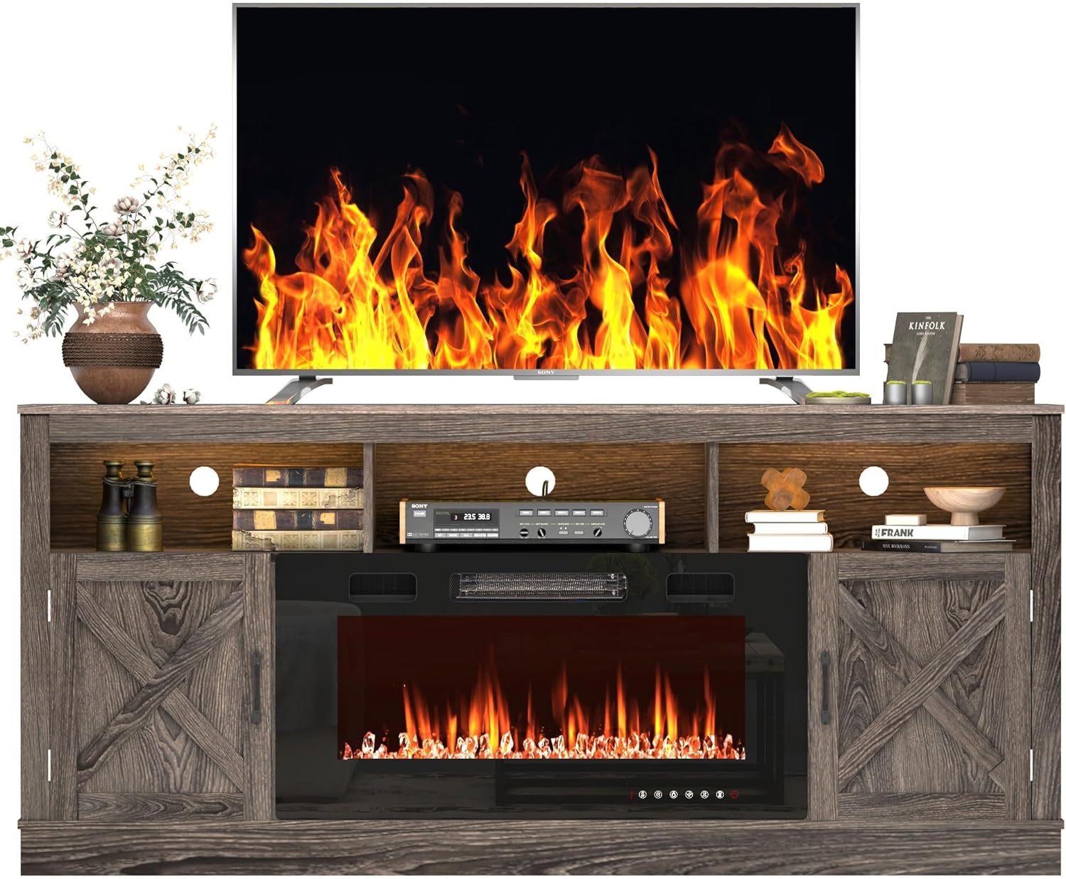 Fireplace TV Stand for 70/75/80 Inch TV with 36" Electric Fireplace, 70" Farmhouse Entertainment Center with LED Lights, Tall Media Console with Barn Door for Living Room, Bedroom
