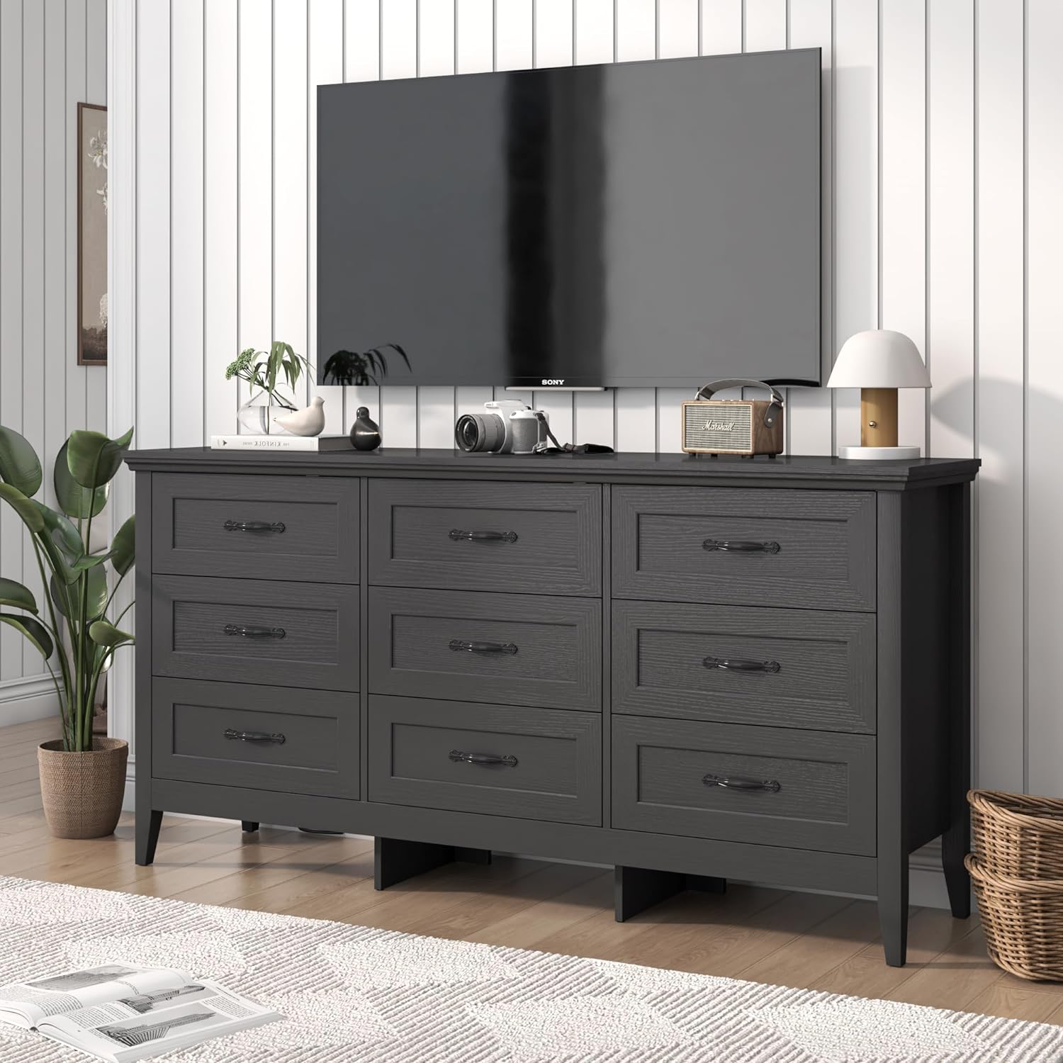 ANPOO 9 drawer dresser for Bedroom, Farmhouse Long Dresser with Charging Station and Antique Handles, Wood Chest of Drawers for Living Room, Entryway, Hallway, Hallway(Black)