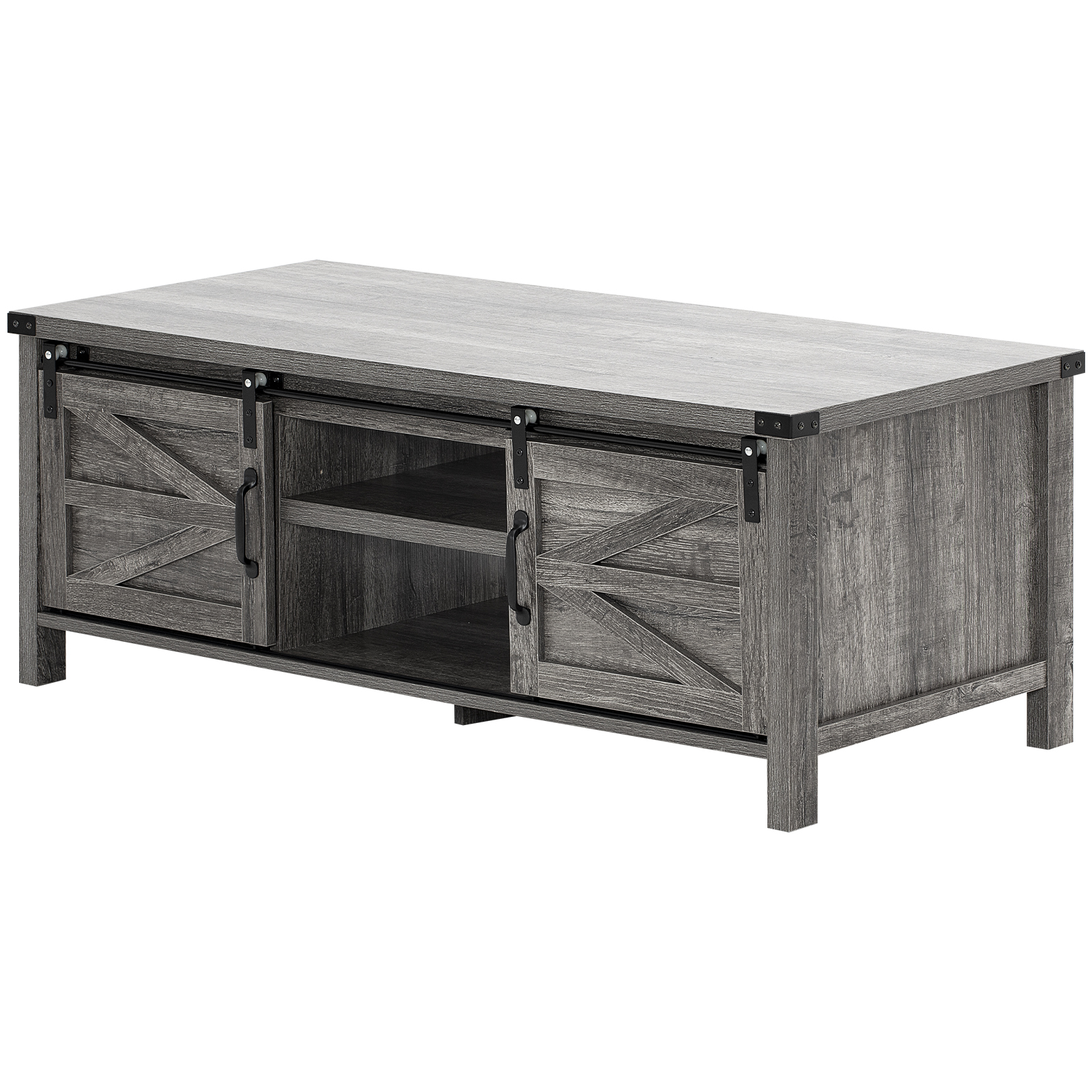 48" Modern Farmhouse Coffee Table with Adjustable Storage Cabinets Shelves, Modern Coffee Table for Living Room with Sliding Barn Door