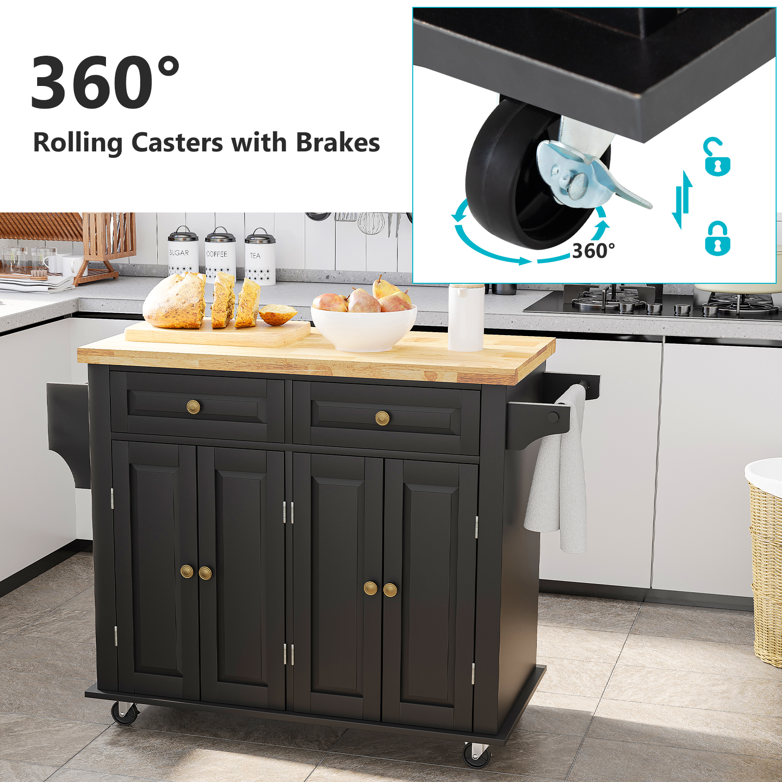 CAIDI Rolling Kitchen Island, Kitchen Cart with Rubber wood Countertop, Lockable Casters, Adjustable Shelves, Matte