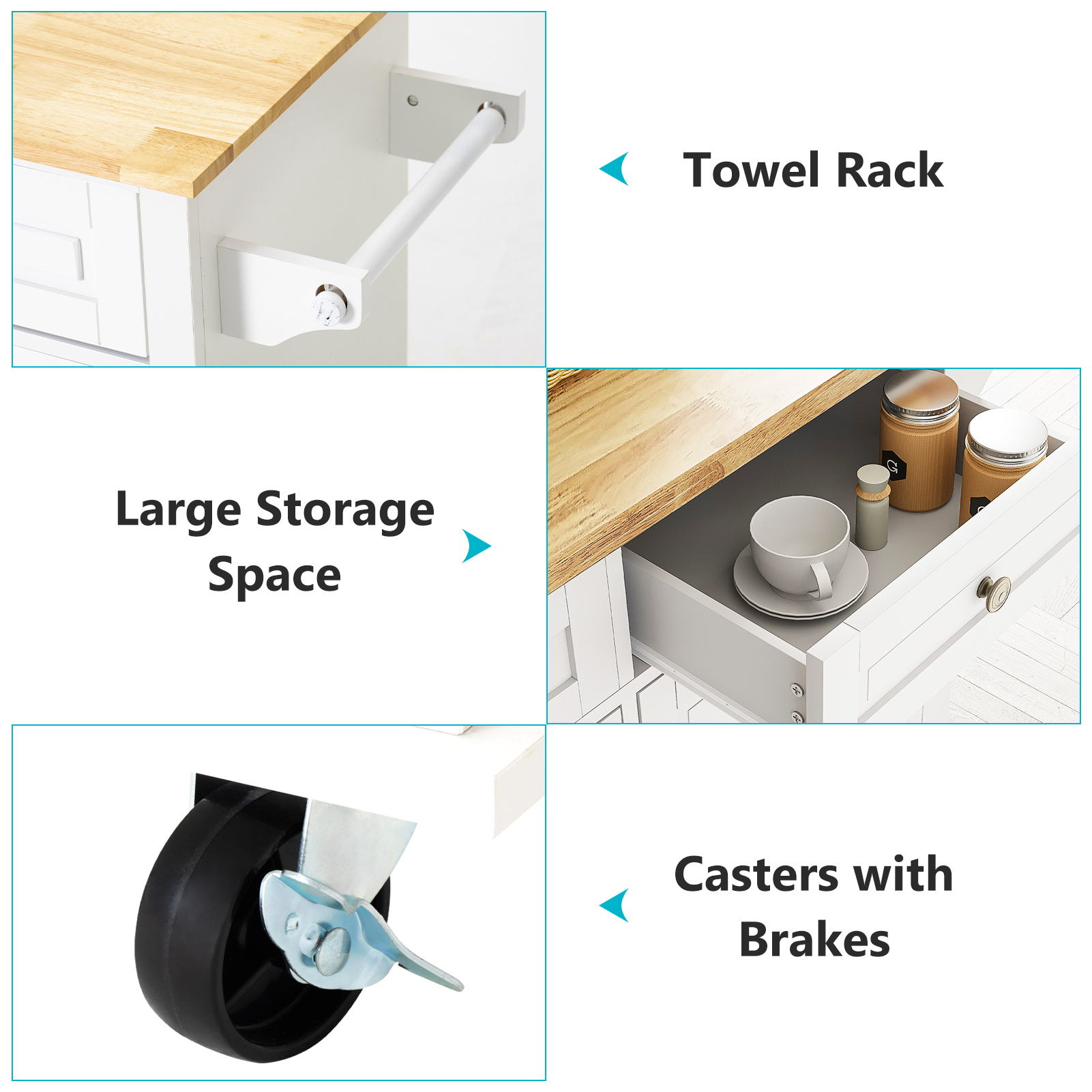 CAIDI Rolling Kitchen Island, Kitchen Cart with Rubber wood Countertop, Lockable Casters, Adjustable Shelves, Matte