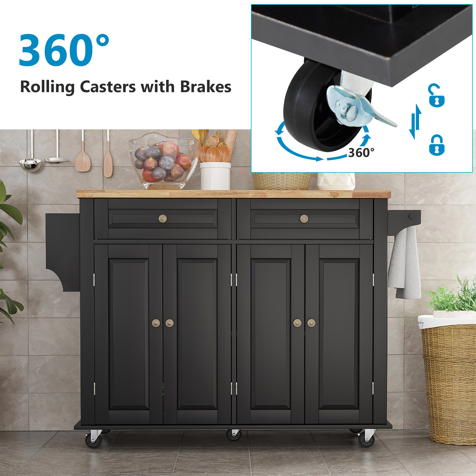 CAIDI Rolling Kitchen Island with Drop Leaf, Kitchen Cart with Rubber wood Countertop, Lockable Casters, Adjustable Shelves, Matte(Black-51.2"x29.5"x35.8")