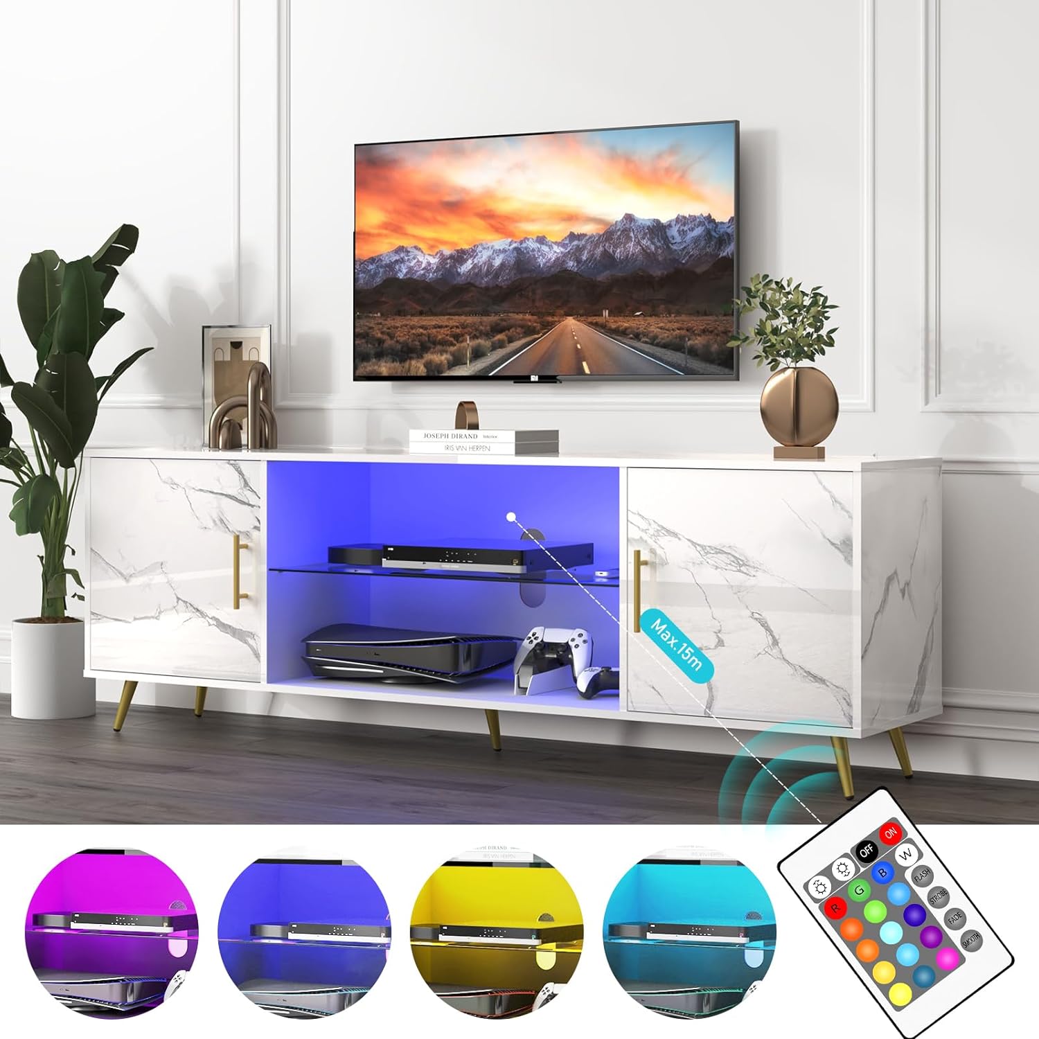 ChVans TV Stand for 80 inch TV with LED Lights, High Gloss Entertainment Center Media Console with Large Storage, LED TV Stand for Living Room, Bedroom(Marble Black)