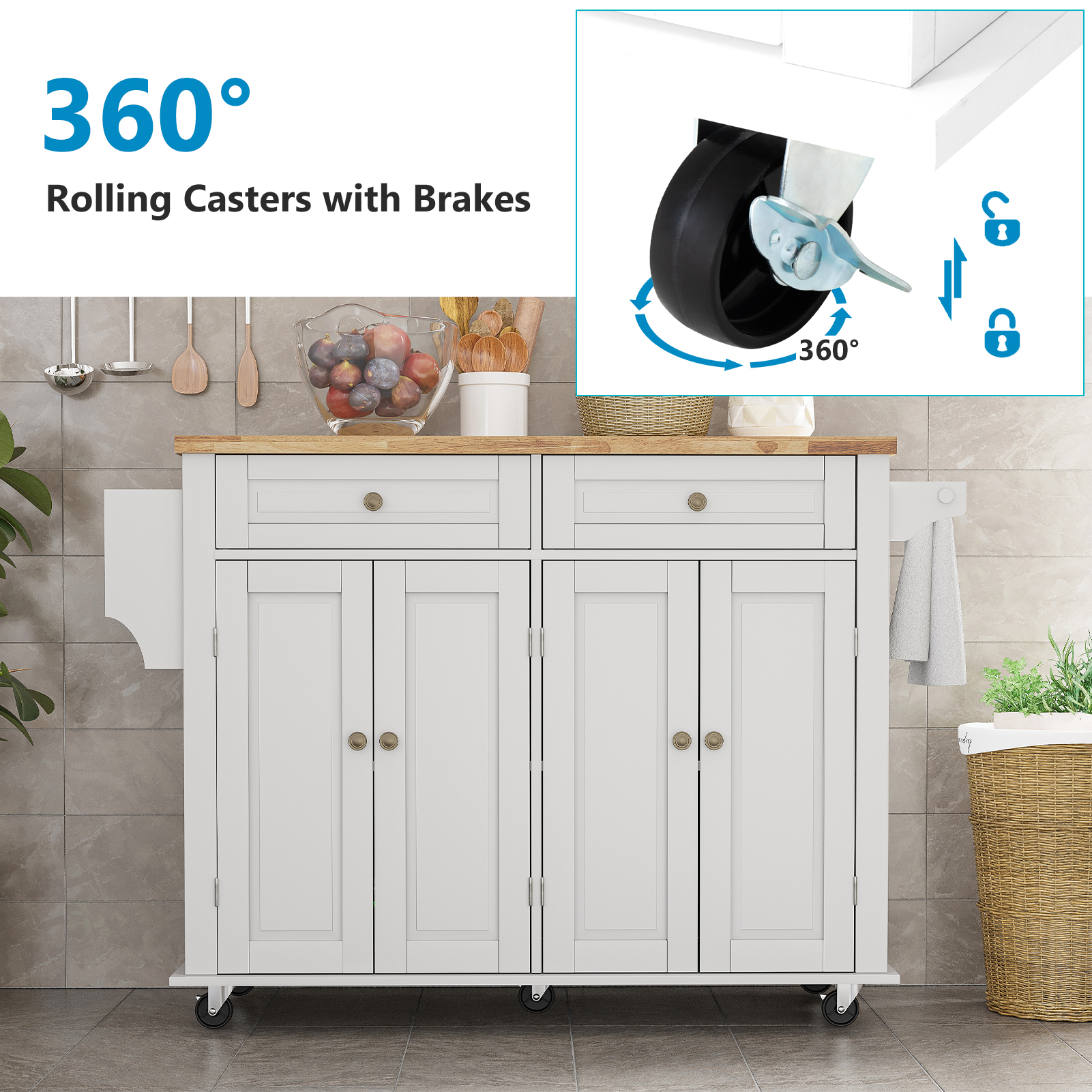 CAIDI Rolling Kitchen Island with Drop Leaf, Kitchen Cart with Rubber wood Countertop, Lockable Casters, Adjustable Shelves, Matte(Black-51.2"x29.5"x35.8")
