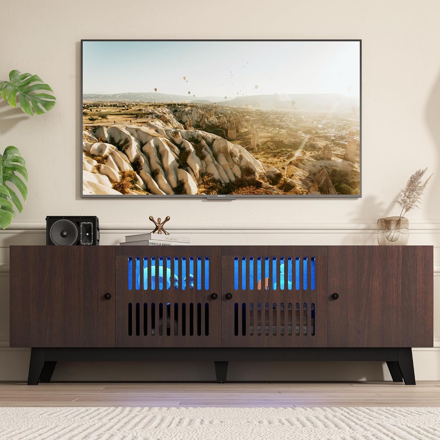 74 inch Mid-Century Modern TV Stand with LED Lights, Farmhouse TV Media Console Cabinet for TVs Up to 85 Inches, 4 Door Wood Shelf Entertainment Center with Storage, for Living Room
