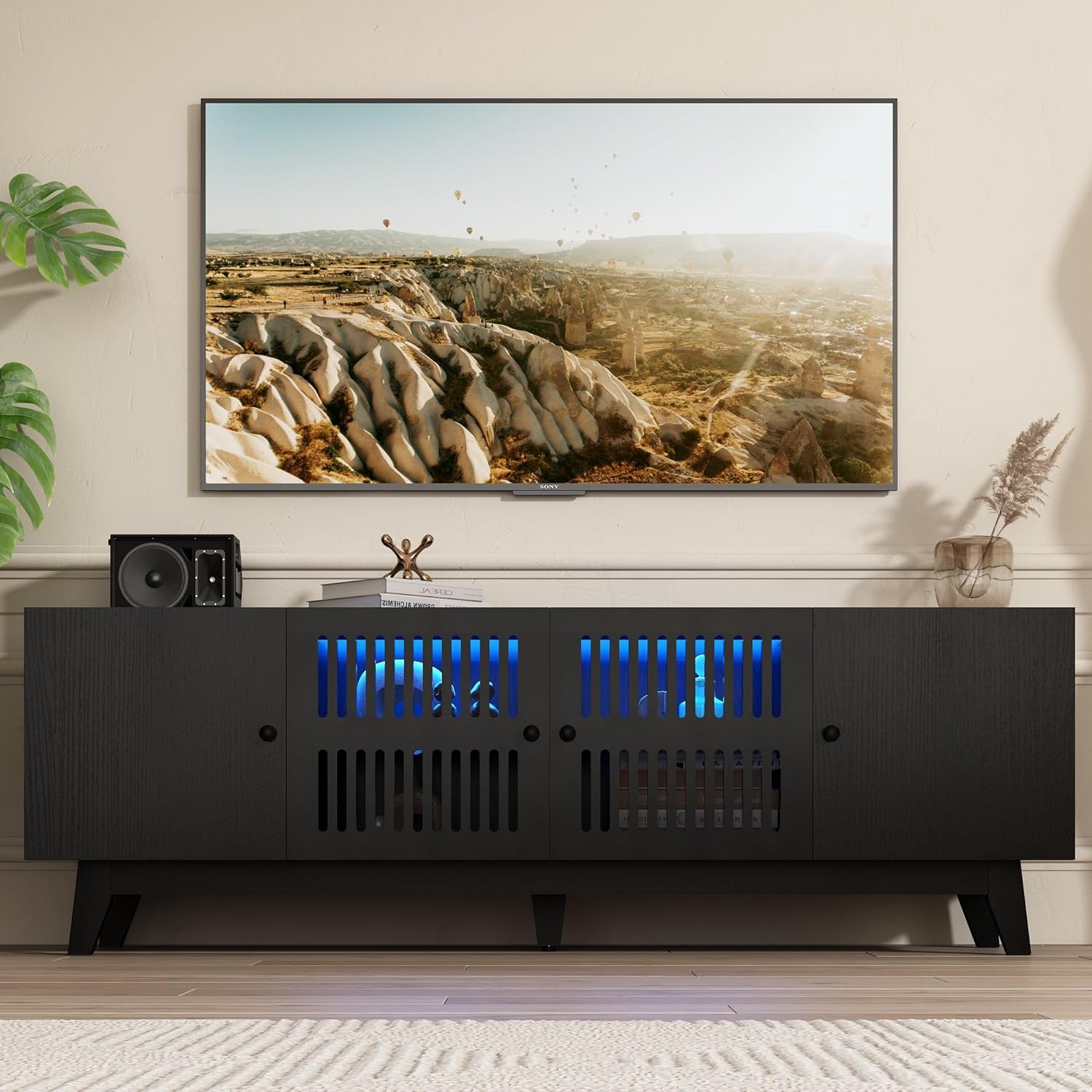 74 inch Mid-Century Modern TV Stand with LED Lights, Farmhouse TV Media Console Cabinet for TVs Up to 85 Inches, 4 Door Wood Shelf Entertainment Center with Storage, for Living Room