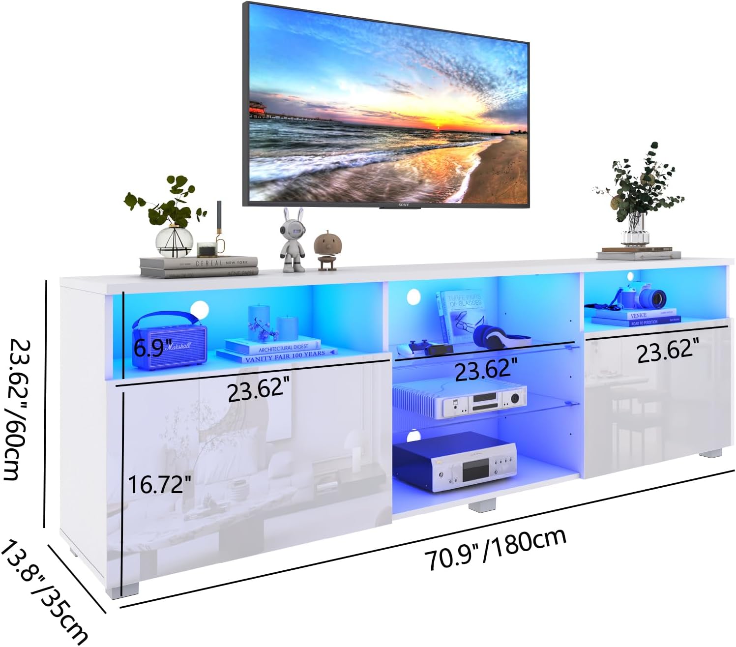 ChVans LED TV Stand for 70/75/80 inch, High Glass Modern Entertainment Center with LED Lights and Glossy Cabinets