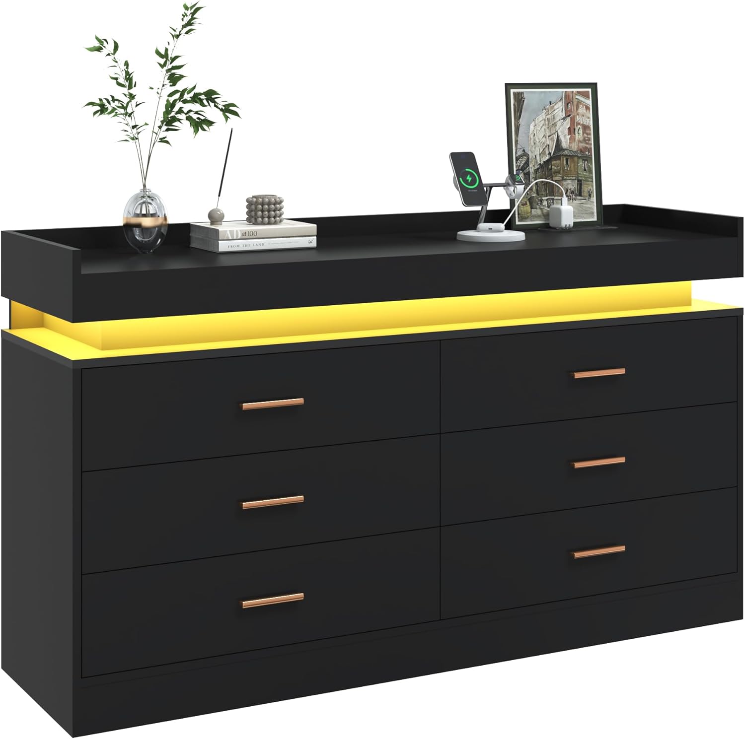 ANPOO 6 Drawer Dresser with Charging Station and LED Lights, Modern Wood Dresser with Wide Drawers and Metal Handles for Bedroom, Living Room
