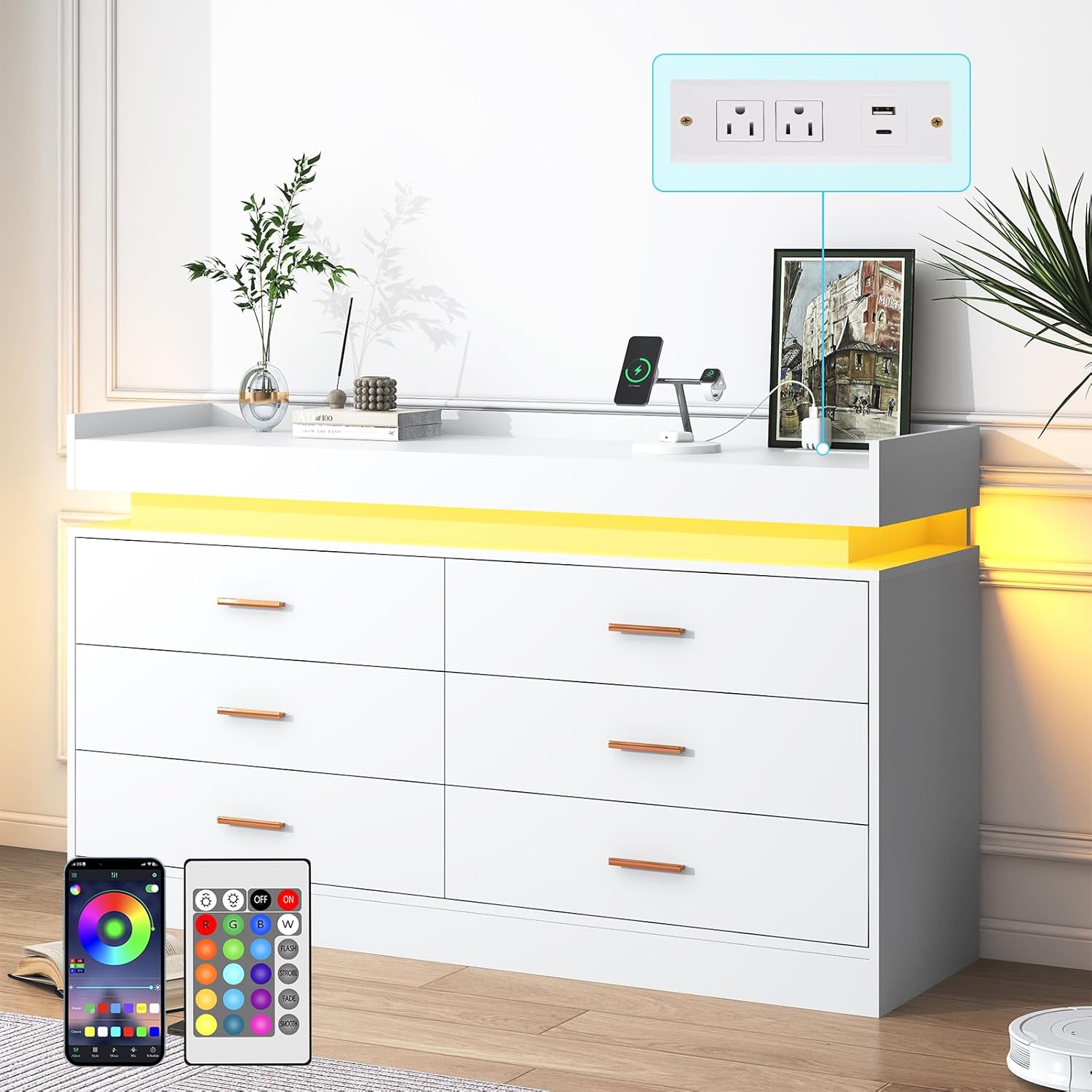 ANPOO 6 Drawer Dresser with Charging Station and LED Lights, Modern Wood Dresser with Wide Drawers and Metal Handles for Bedroom, Living Room