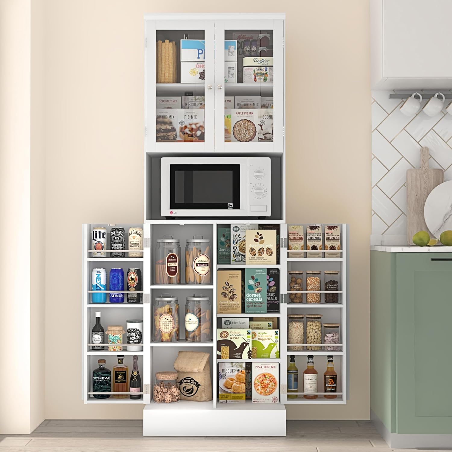 ChVans 71" Tall Pantry Cabinet, Storage Cabinet with Glass Doors and Microwave Stand, Freestanding Kitchen Hutch Food Pantry Cabinet with Adjustable Shelves for Kitchen Dining, Living Room