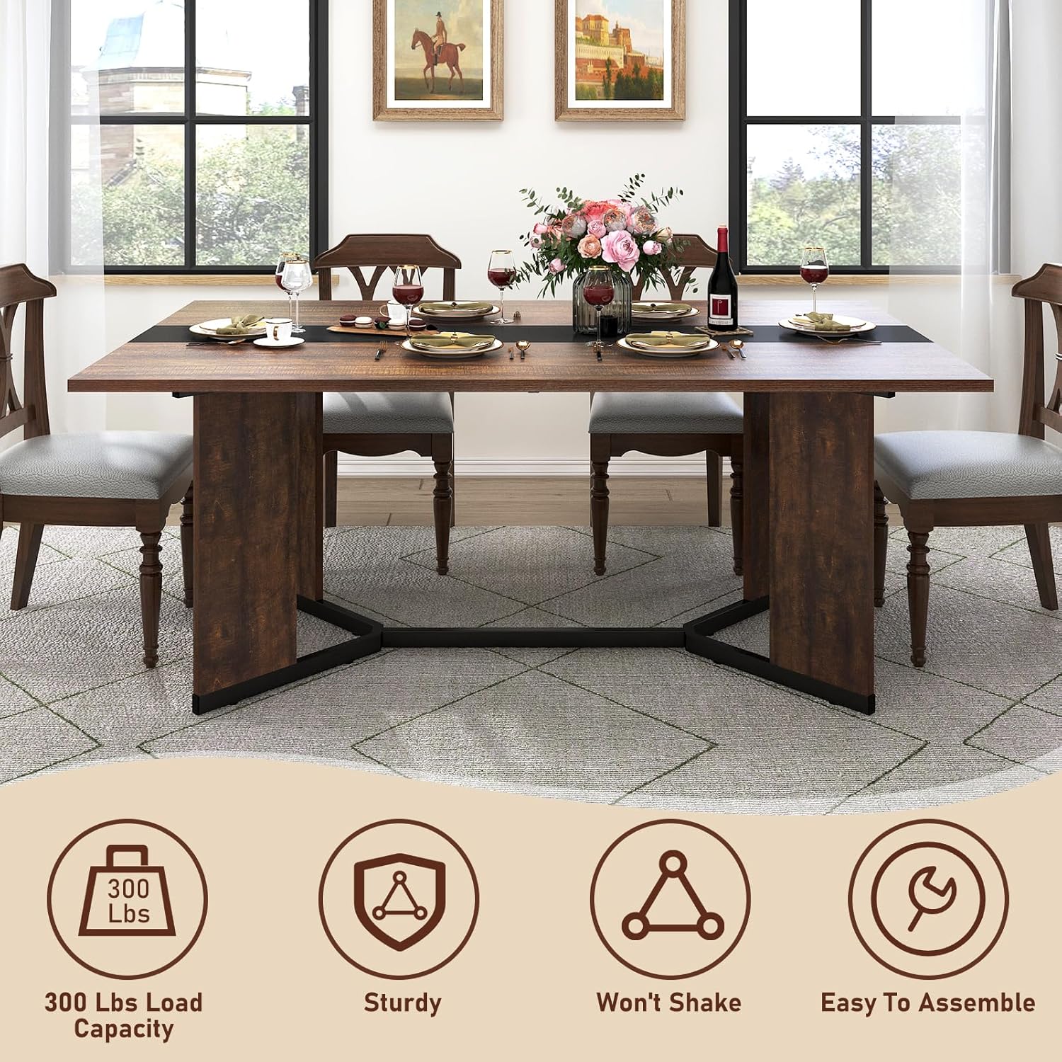 63 inch Large Rectangular Dining Table for 4-6 People, Dining Table with Marble-Color Wood Waterproof Tabletop and Adjustable Leg, Luxurious Family Dinner Table for Office Kitchen Living Room