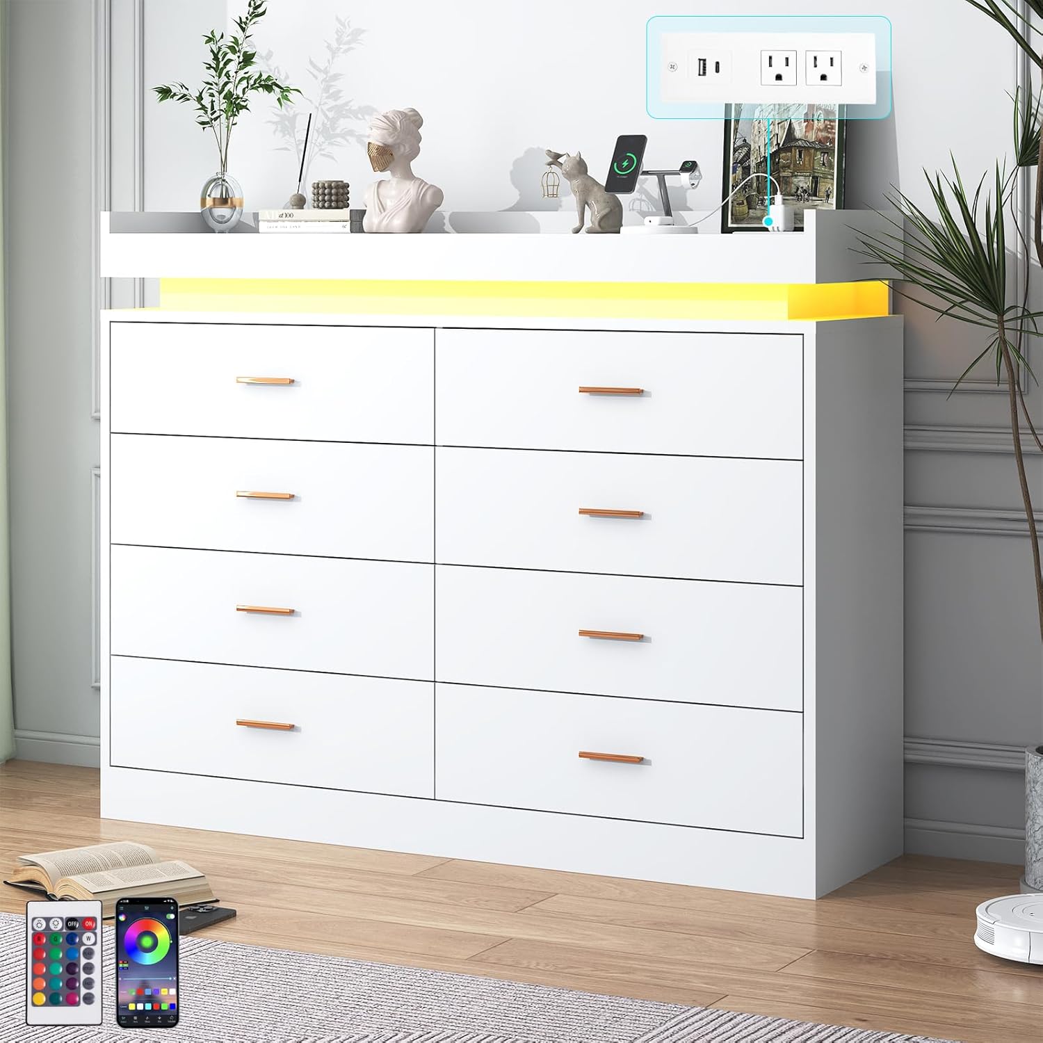 ANPOO 8 Drawer Dresser with Charging Station and LED Lights, Modern Wood Dresser with Wide Drawers and Metal Handles for Bedroom, Living Room