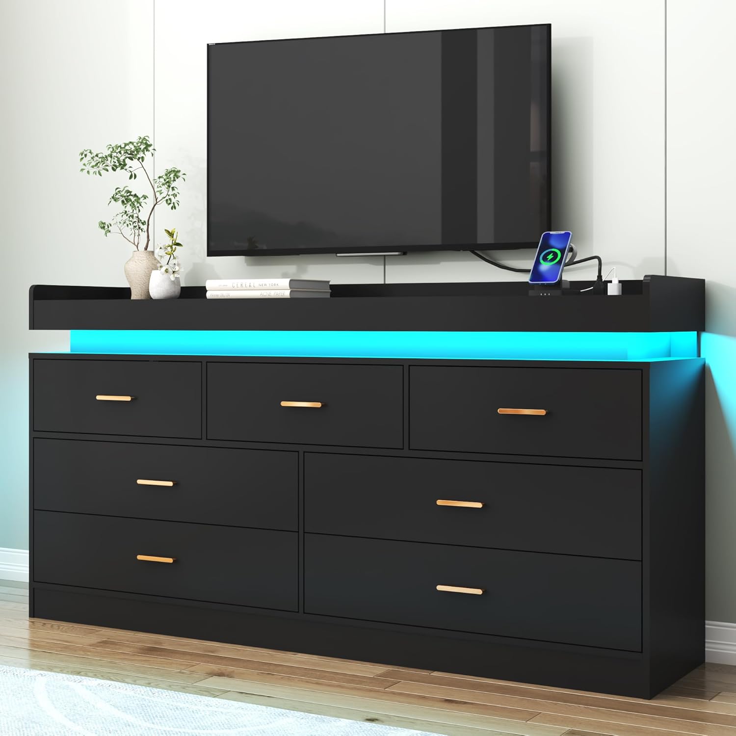 ChVans White Dresser with LED Light and Charging Station, Modern Wood Dresser with Wide Drawers and Metal Handles, 7 drawer dresser for Bedroom, Living Room, Entryway, Hallway