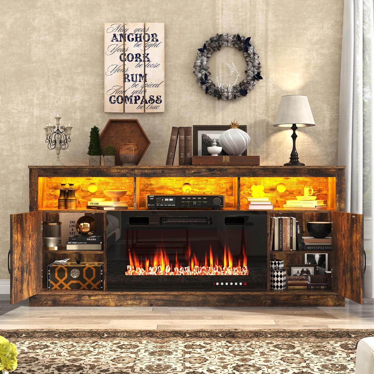 ChVans 70" Fireplace TV Stand for TVs up to 80" with 36" Electric Fireplace, Farmhouse Entertainment Center with LED, Wooden Media Console for Living Room, Bedroom(Grey)