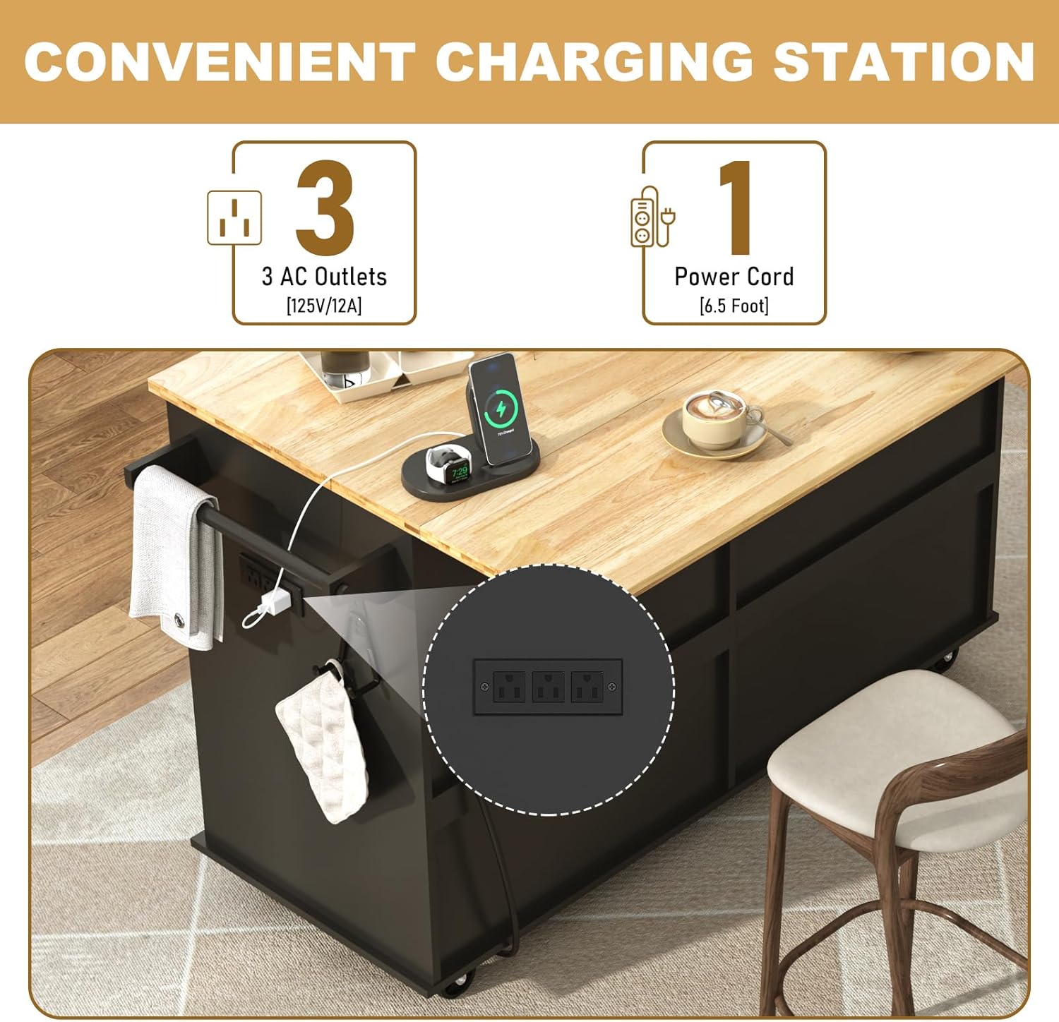 ChVans 59" W Kitchen Island with Drop Leaf, Rolling Kitchen Cart with Storage on Wheels, Large Island Table for Kitchen with Rubber Wood Top and Rack and Drawer