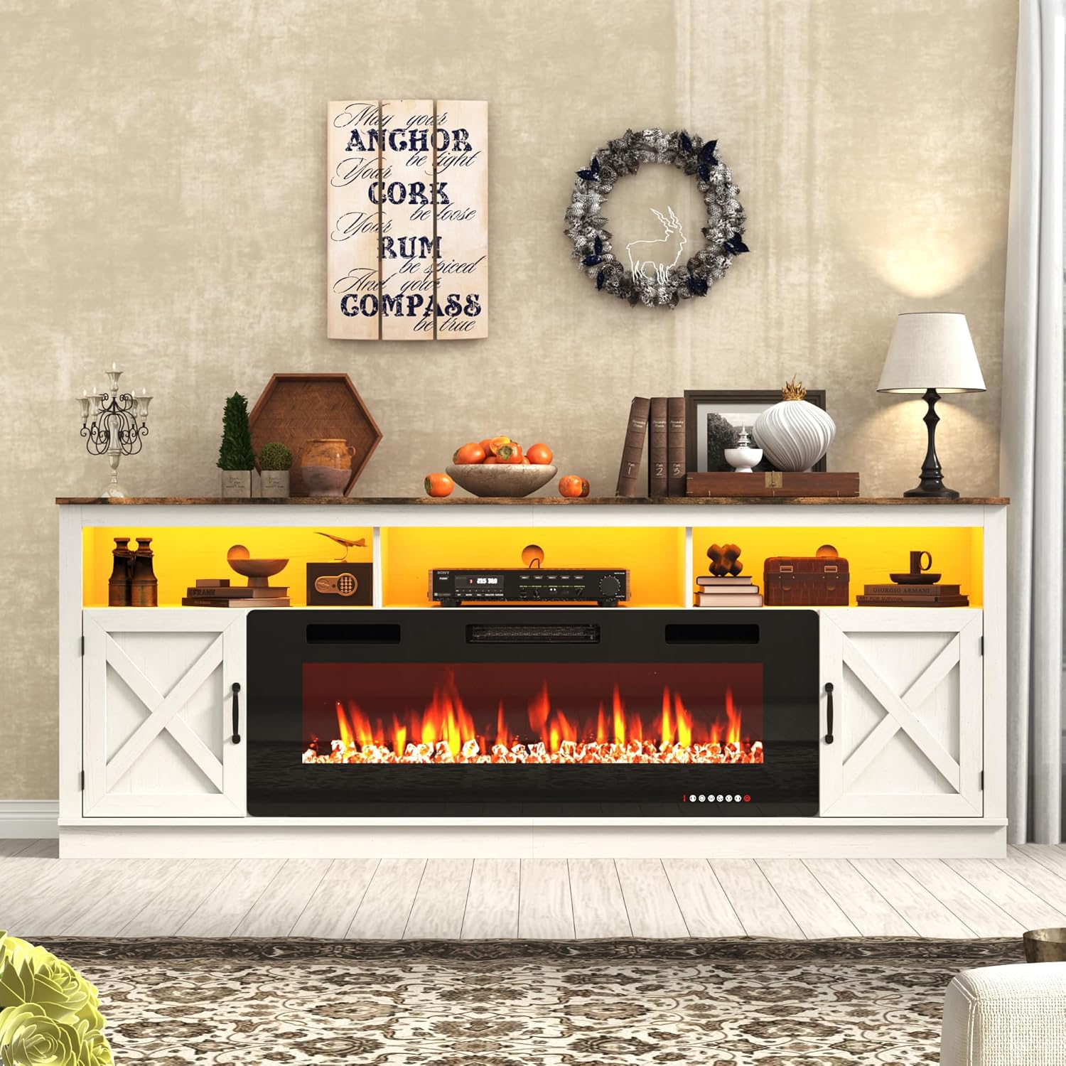 Fireplace TV Stand for 80/85/90 Inch TV with 50" Electric Fireplace, 82.7" Farmhouse Entertainment Center with LED Lights, Tall Media Console with Barn Door for Living Room, Bedroom