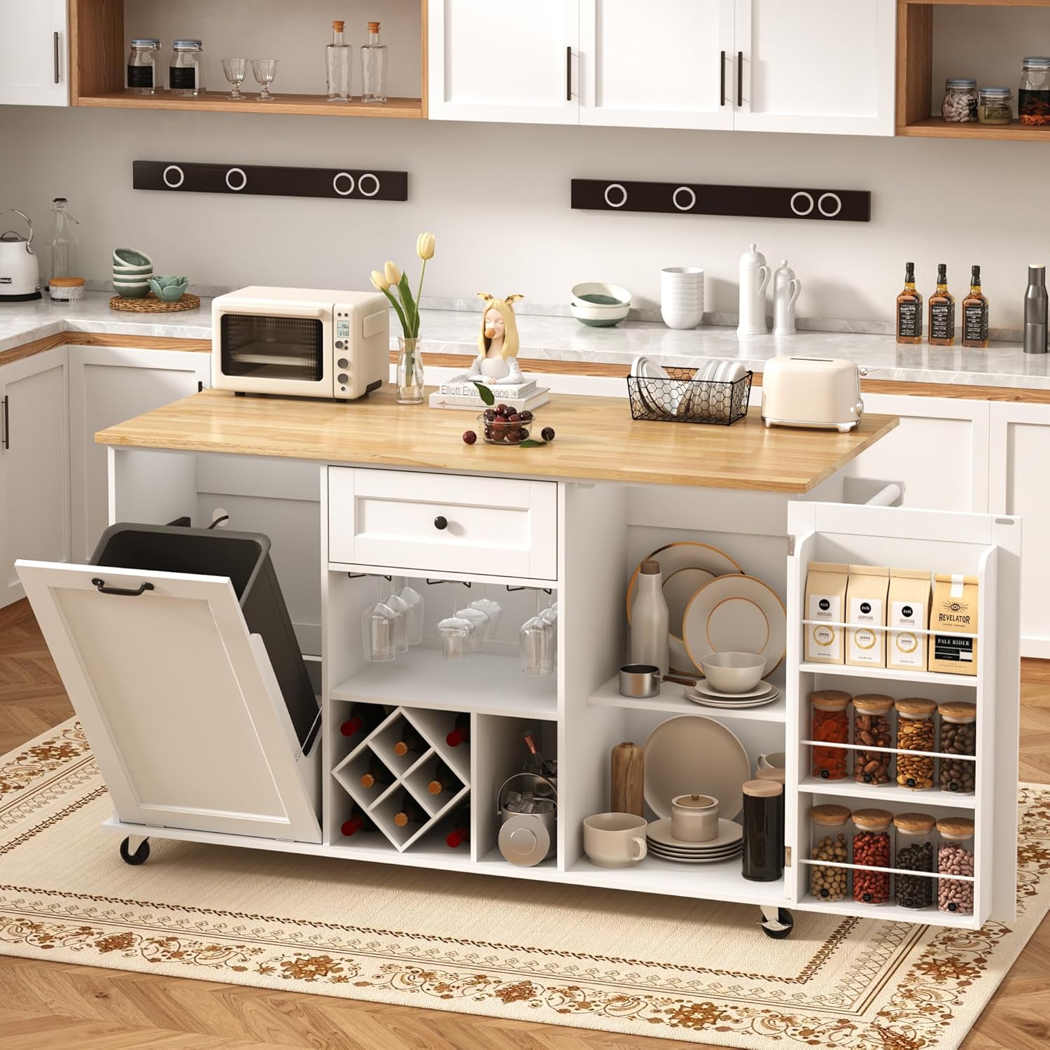 ChVans 59" Kitchen Island On Wheels, Rolling Kitchen Island Cart with Drop Leaf Countertop, Portable Mobile Kitchen Island with Towel Rack, Spice Rack Shelf and Lockable Wheels