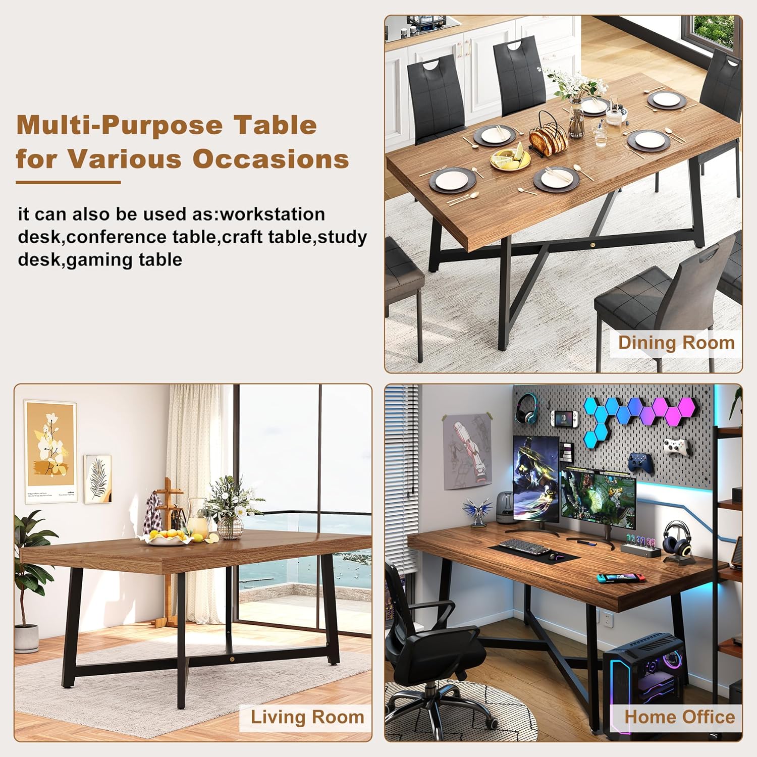 ChVans 71 Inch Farmhouse Dining Table for 4-8 People, Large Kitchen Table with Adjustable Heavy Duty Metal Leg, Rectangular Dining Table for Gathering, Kitchen, Dining Living Room