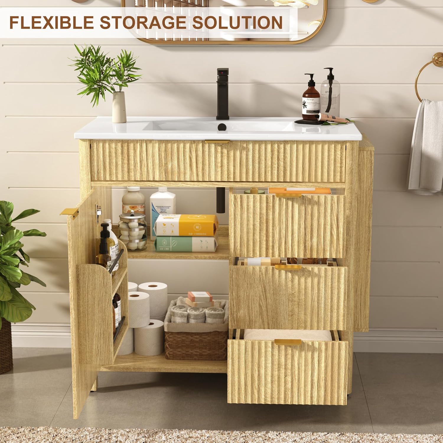 ANPOO 36" Bathroom Vanity with Sink & Faucet & Sewer Pipes, Mid-Century Modern Vanity with Ceramic Basin and Fluted Soft-Close Doors, Freestanding Bath Storage Vanity Sink Combo Set