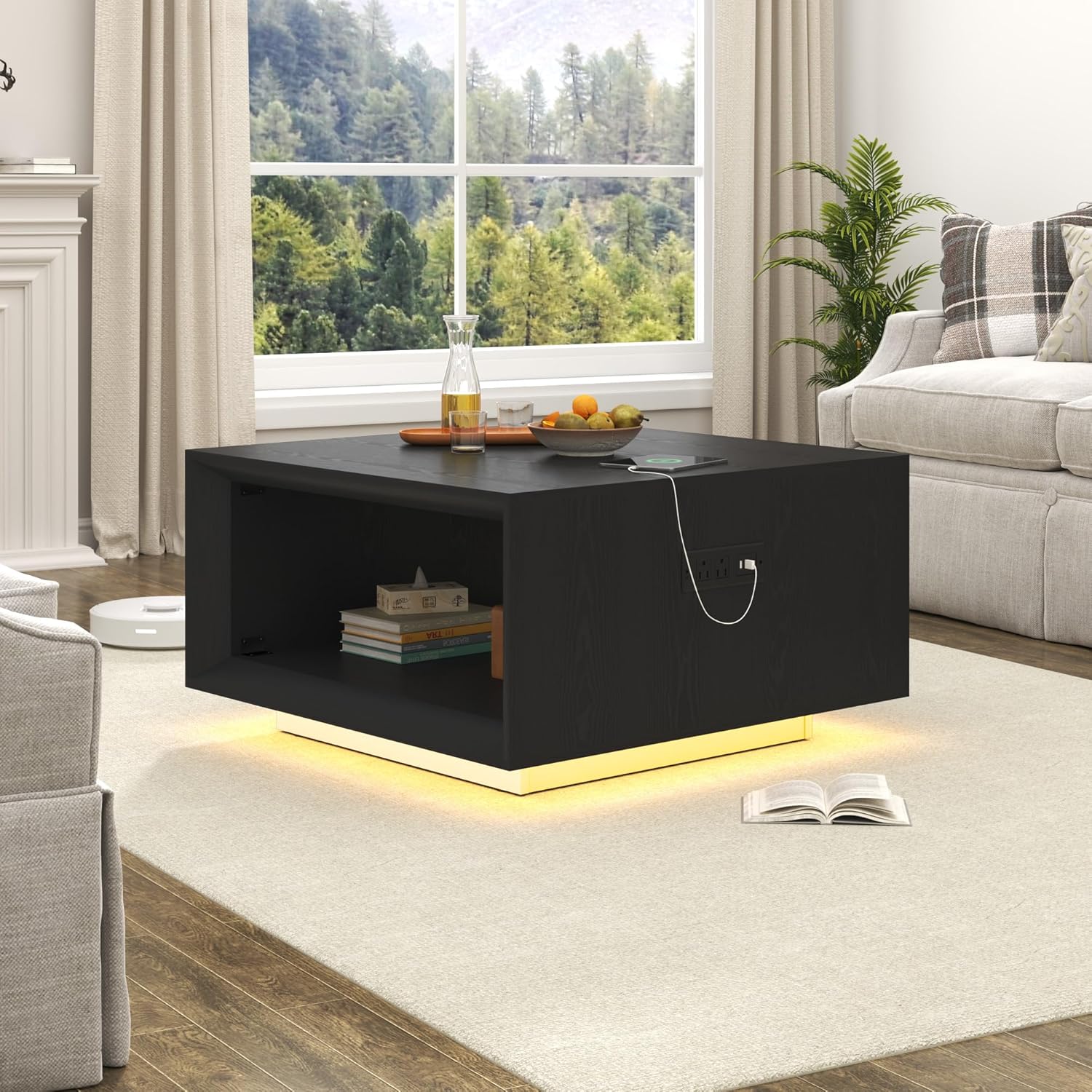 ANPOO 32" Mid Century Modern Square Coffee Table with LED Light & Power Outlet, 2-Tier Wood Cocktail Table with Storage for Living Room