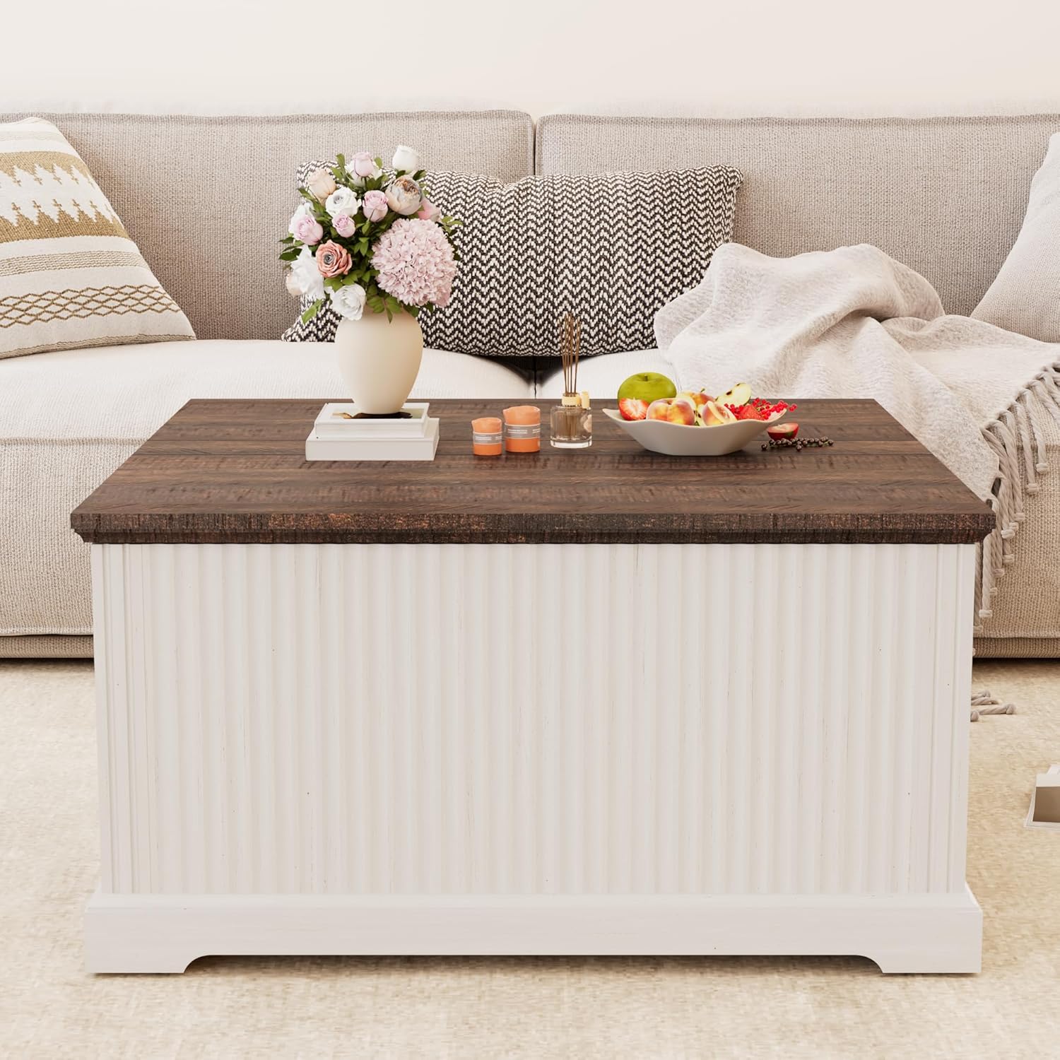 ANPOO Farmhouse Lift Top Coffee Table with Hidden Large Storage, 35.8 Inch Fluted Wood Square Center Table for Living Room, Bedroom, Home Office