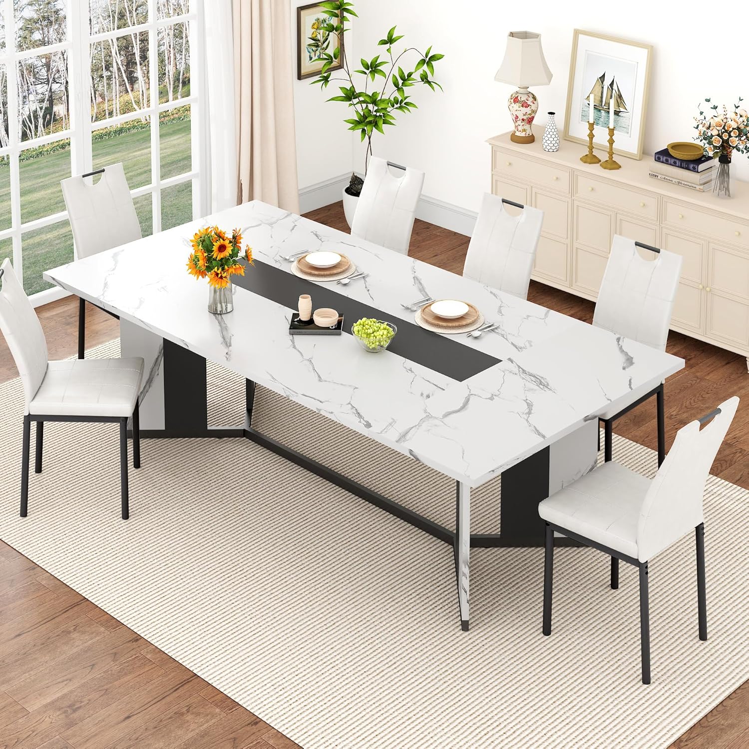 ANPOO 7-Piece Kitchen Dining Set for 4-8 People, 71" Rectangle Waterproof Wooden Table with 6 Chairs, Easy Clean Farmhouse Dining Table for Dining Room & Kitchen