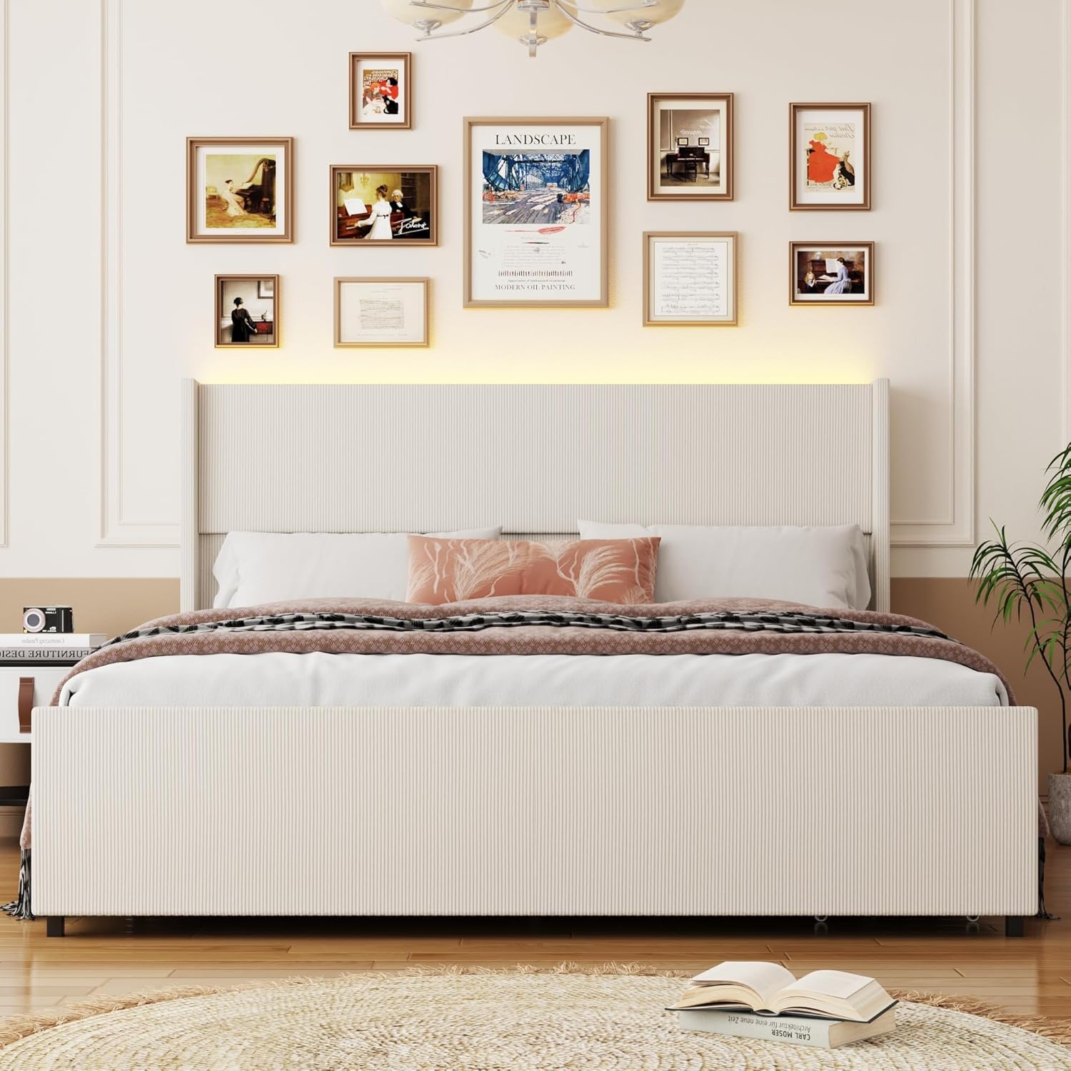 ANPOO Queen Size LED Upholstered Bed Frame with Drawer, Wingback Platform Bed Frame with 52" Headboard & Footboard, Corduroy Bed Frame No Box Spring Needed/Noise Free