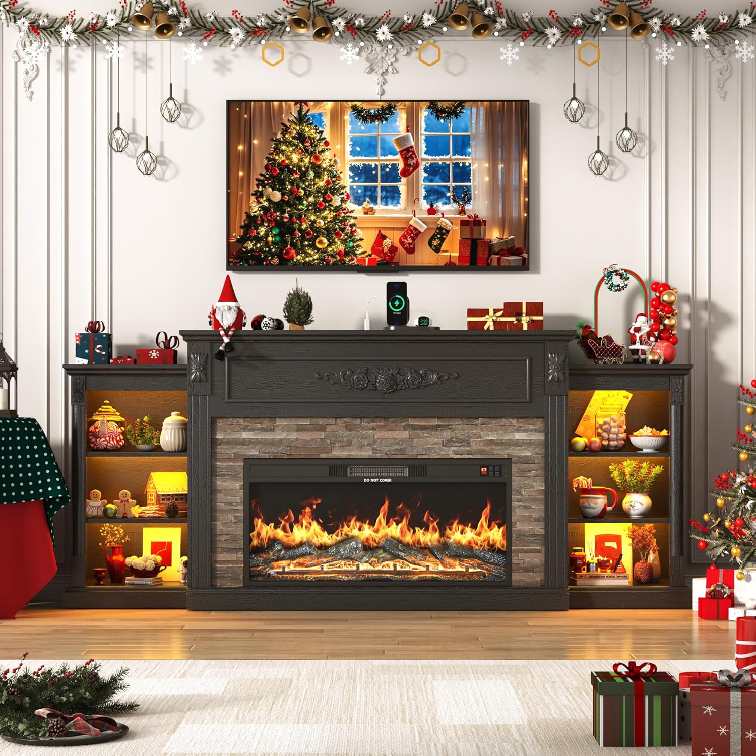 ANPOO 85" Electric Fireplace with Mantel, Fireplace TV Stand with 36" Fireplace for TVs Up to 95 Inch, 37.6" Tall Farmhouse Entertainment Center with LED Lights & Charging Station, Carved Decoration